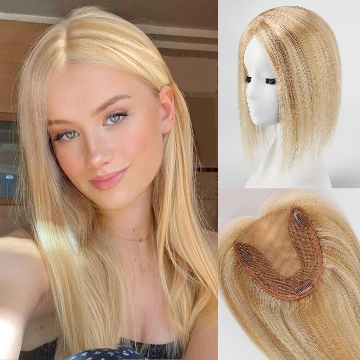 EMMOR Hair Toppers 12 inches for Women,100% Remy Human Hair with 3 Non-slip Clips and 5"×6" Larger Silk Base,Top Hair Pieces for Women with Hair Loss(Light Blonde & Bleach Blonde) Light Blonde & Bleach Blonde 12 Inch-No Bangs