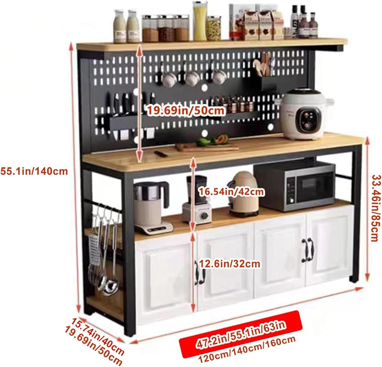 4-Tier Kitchen Baker's Rack with 4 Doors Industrial Microwave Oven Stand Large Worktop Coffee Bar Table DIY Perforated Design White 140x50x140cm
