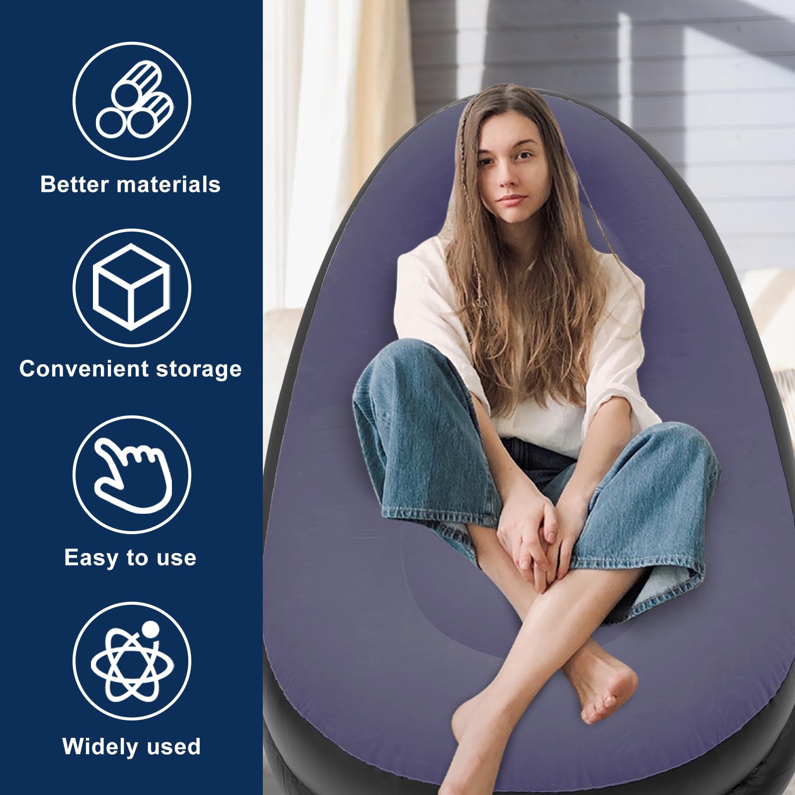 ZJRDYYK Inflatable Couch with Ottoman, Blow Up Lounger Chair, Outdoor Folding Air Chair, Large Lazy Inflatable Sofa Chairs, Inflatable Gaming Chairs with Ottoman (Navy Blue)