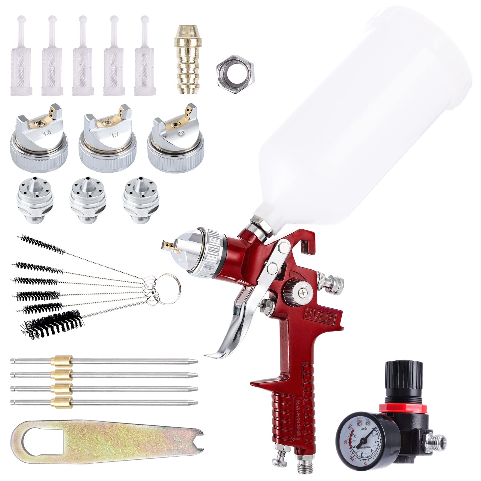 Pindex 1000CC PVC Cup with HVLP Spray Gun Kit,4 Replaceable Brass Nozzles and Needles 1.4mm 1.7mm 2.0mm 2.5mm Fluid Tips,Gravity Feed Spray Paint Gun Kit