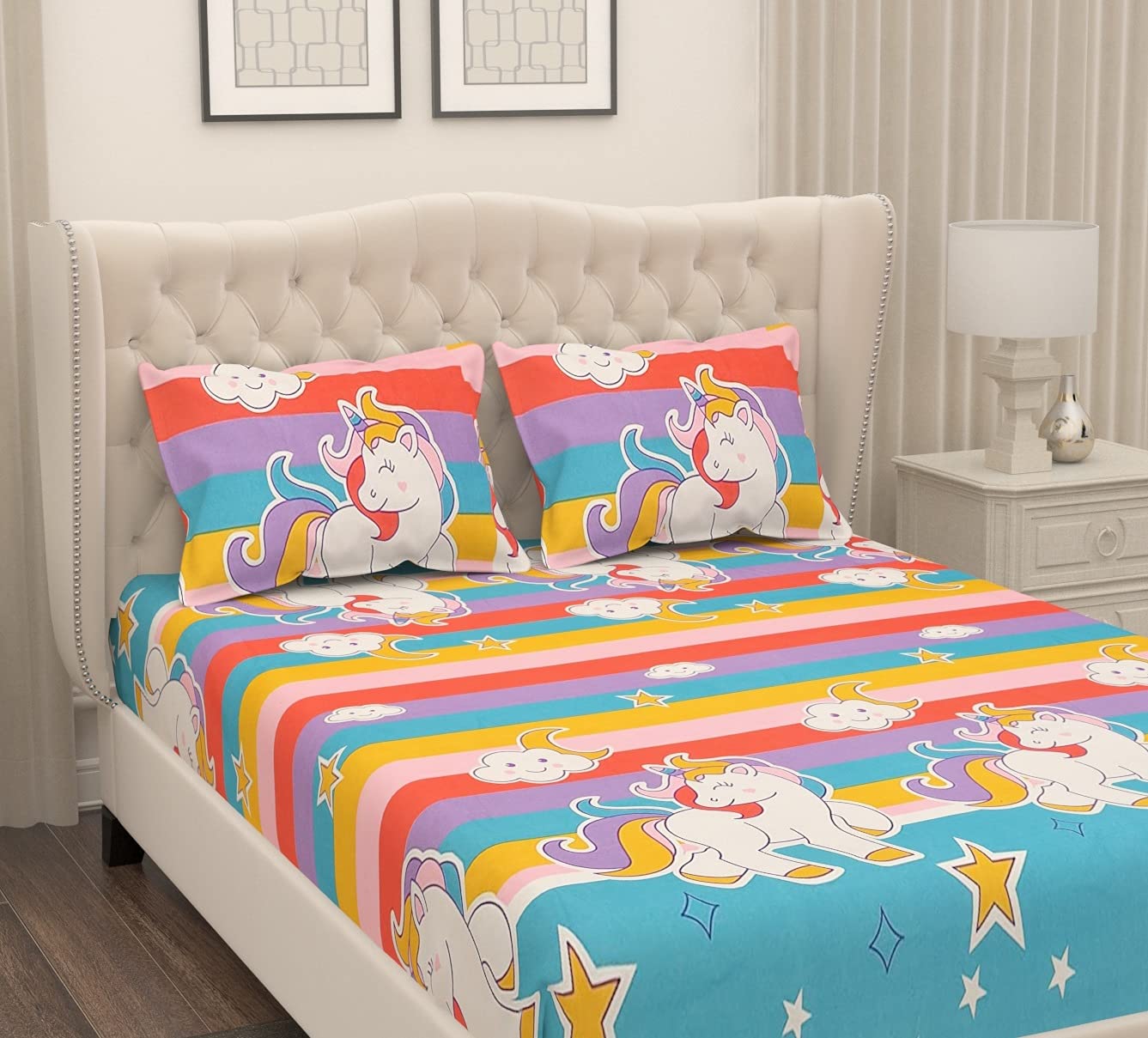 Homes- Luxury Cutie Glace Cotton Cartoon Printed Size Double Bed Bedsheet with 2 Pillow Covers, Aqua Unicorn (Unicorn Aqua, Double) (B09B6G39Q9) Amazon Price History, Amazon Price Tracker