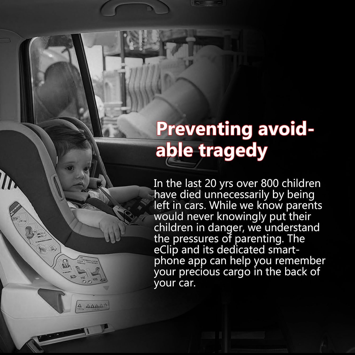 Text overlay 'Preventing avoidable tragedy' with a child in a car seat in the background.