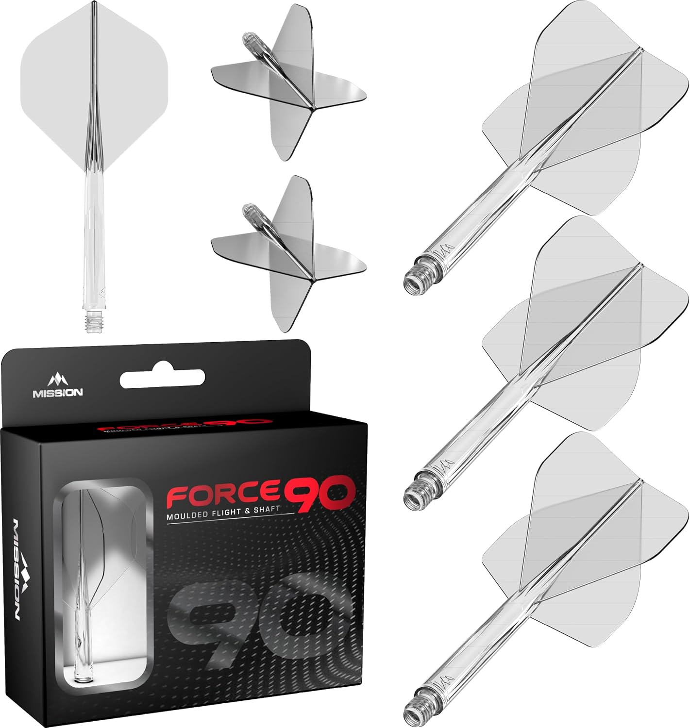Mission Darts Force 90 | Integrated Precision Moulded Dart Flight And Shaft System, Pack of 3 Professional Durable 2-In-1 Combined Dart Flights And Stems | Standard No.2 (Clear, Short), Transparent