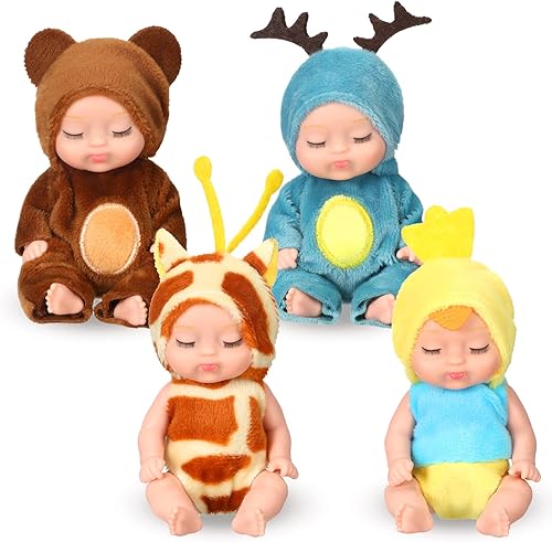 Leitee Mini muñecas Reborn de 4 piezas, 4 pulgadas, juego de PVC lavable realista con ropa y sombrero para niños, juguete de casa de muñecas