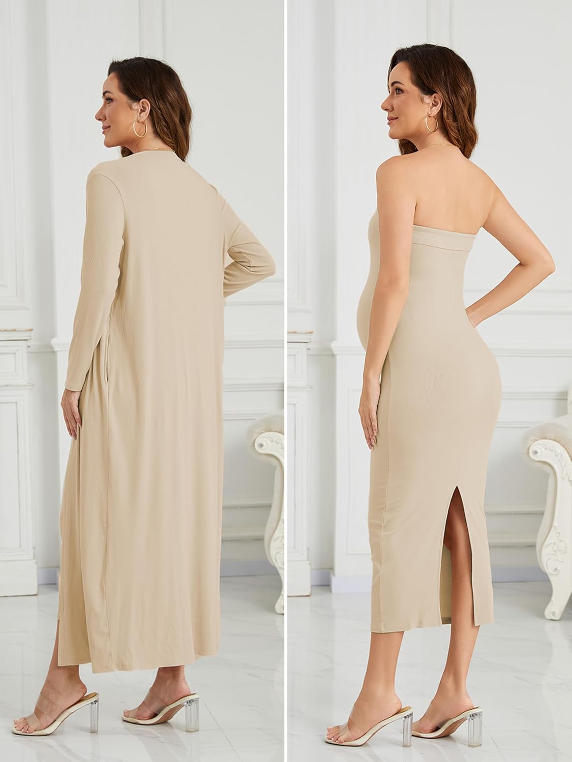 Ecavus Maternity Tube Dress Long Cardigan 2 Piece for Baby Shower and Wedding Guest Ribbed Maternity Photoshoot Dresses - Image 5