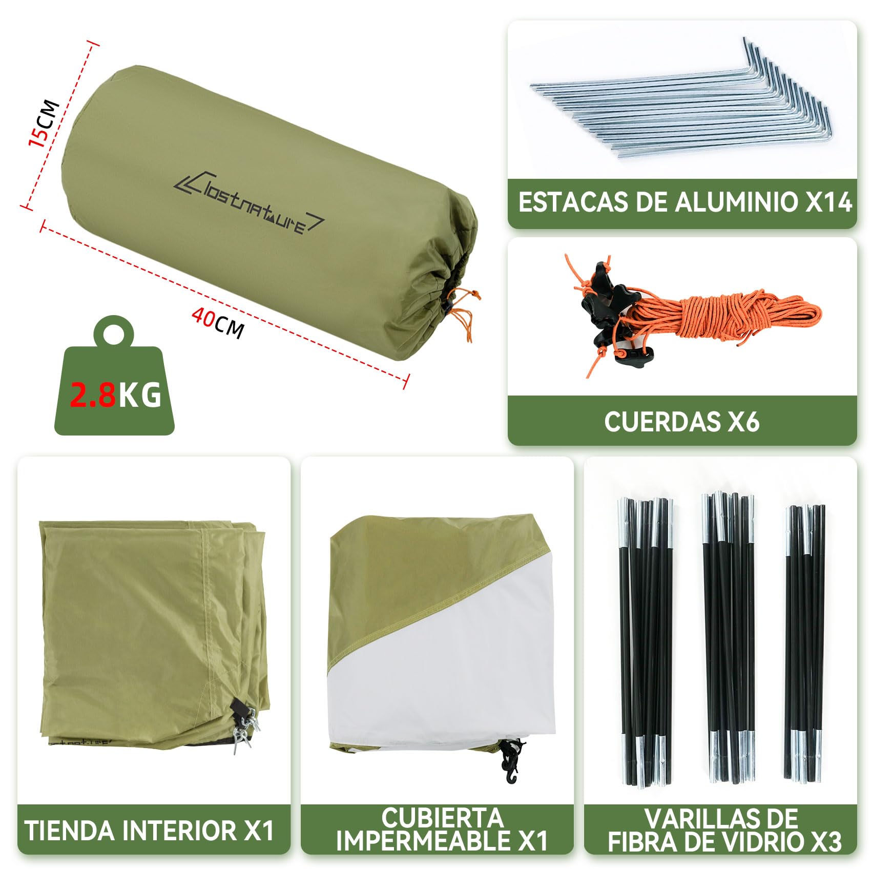 Clostnature Tienda de Campaña 2 Personas con Vestíbulo, Tienda Camping | Doble Capa, Impermeable y Ventilada, Ligera y Resistente al Viento, Fácil Montaje para Camping y Actividades al Aire Libre