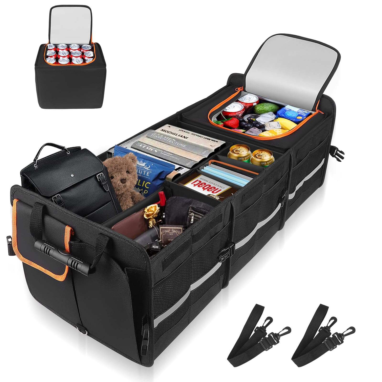 105L Organizador de Maletero Coche y SUV - con Bolsa Refrigerante Organizador de Coche para Almacenamiento - Caja Plegable con 2 Compartimentos Estándar - Base Antideslizante -Tapa Extraíble