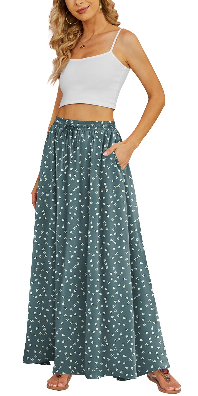 Yincro Women's High Waist Pleated Maxi Skirt, Casual Summer Skirt with Pockets