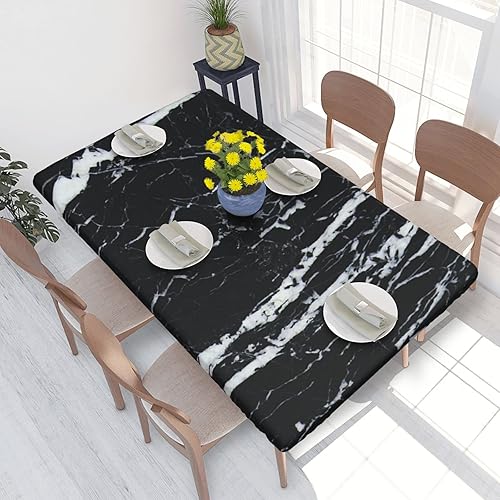 Mantel ajustable con borde elástico con estampado de mármol blanco y negro para mesa rectangular de 4 pies, impermeable y lavable para cubierta de