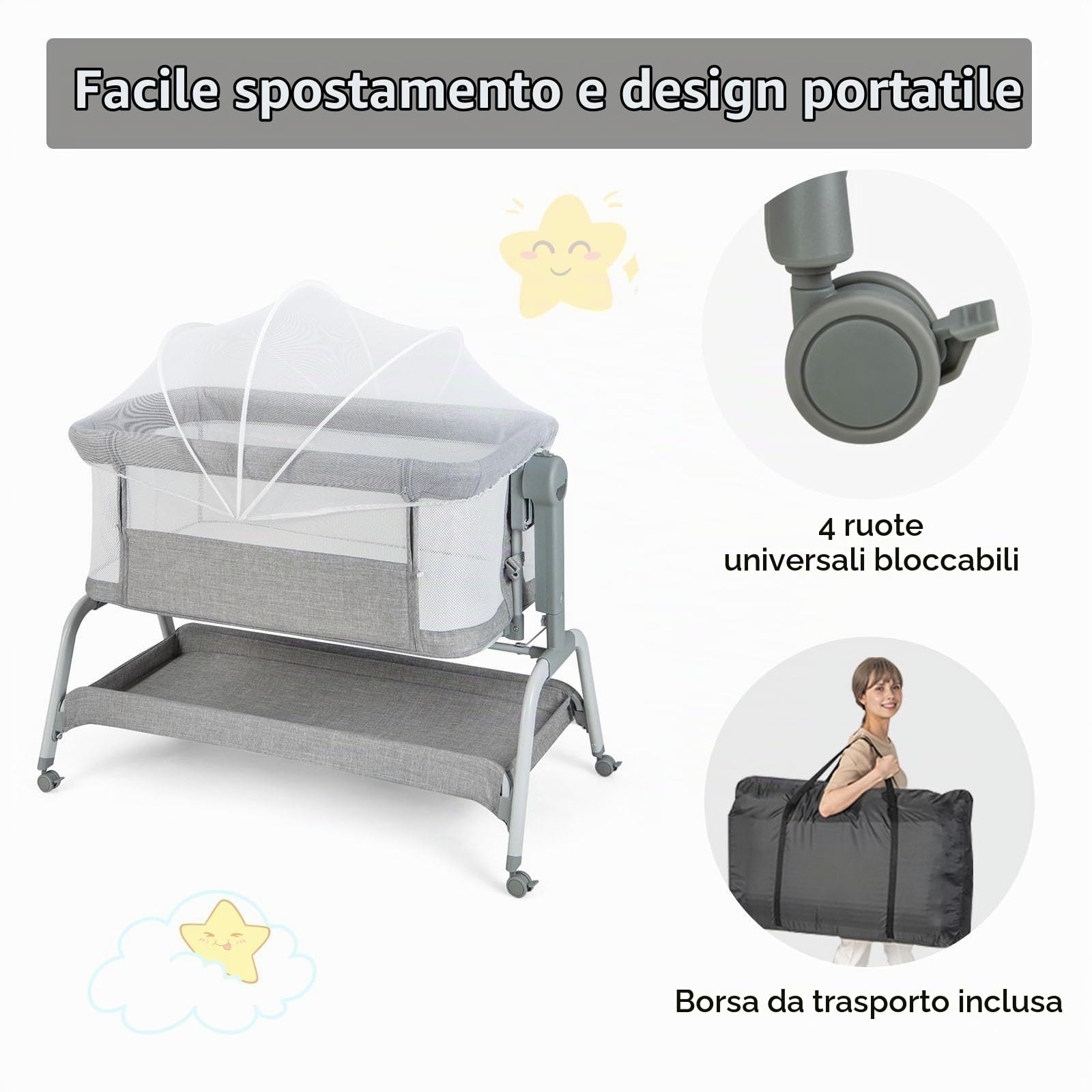 LIFEZEAL Lettino per bambini con zanzariera, materasso e ruote, lettino da viaggio 6 regolazioni in altezza, culla portatile per bambini 0-6 mesi, culla con cestello portaoggetti (Gray)