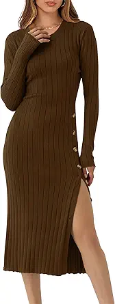 ANRABESS Womens 2025 Fall Long Sleeve Midi Dress Ribbed Knit Bodycon Fitted Button Down Wedding Guest Slit Sweater Dresses