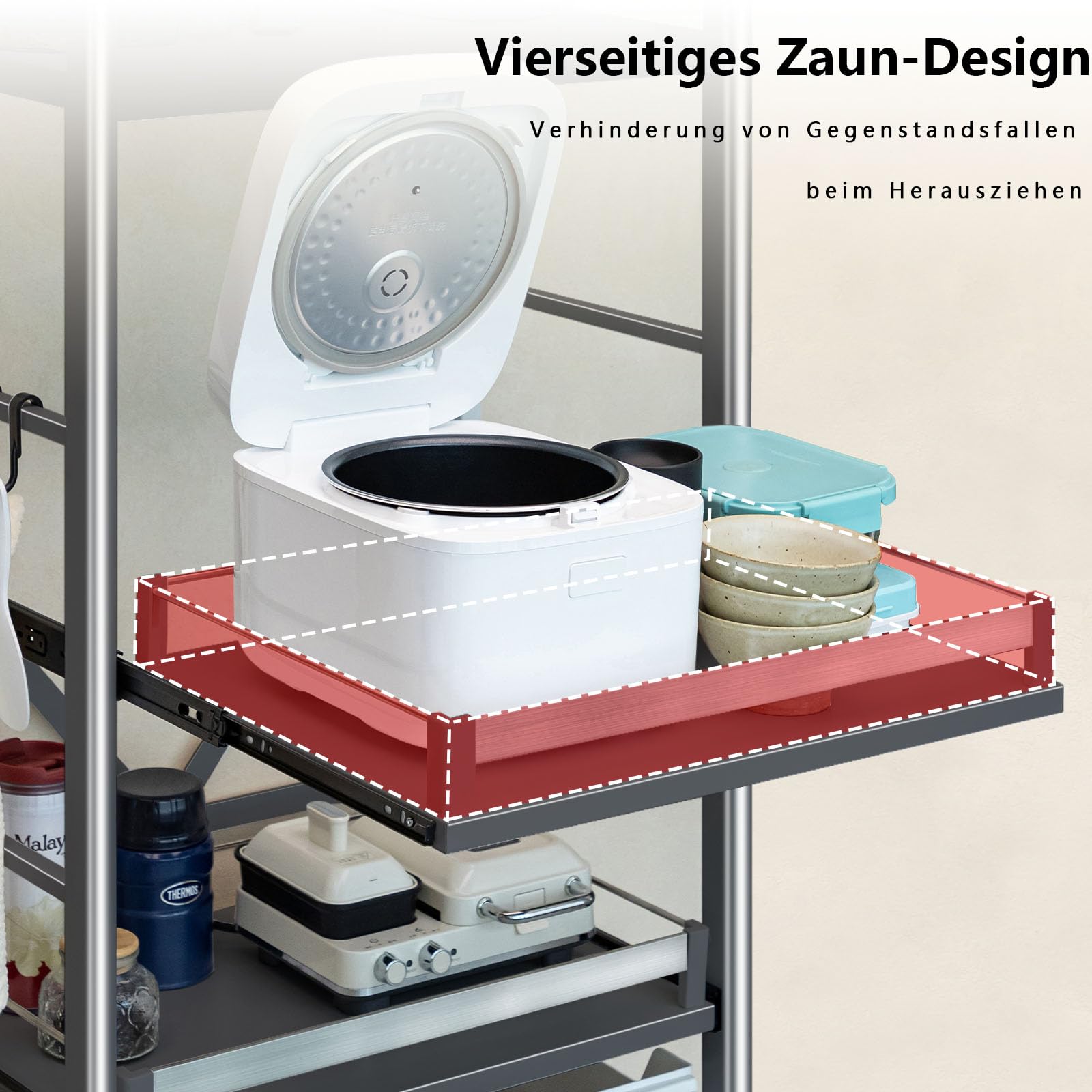 Standregal Küchenregal aus Kohlenstoffstahl, 200kg Tragkraft, 4 Ablagen Schmalregal mit Rollen & Arbeitsplatte, Stehendes Regal ohne Bohren für Küche, Wohnzimmer, Badezimmer, Breite 60cm