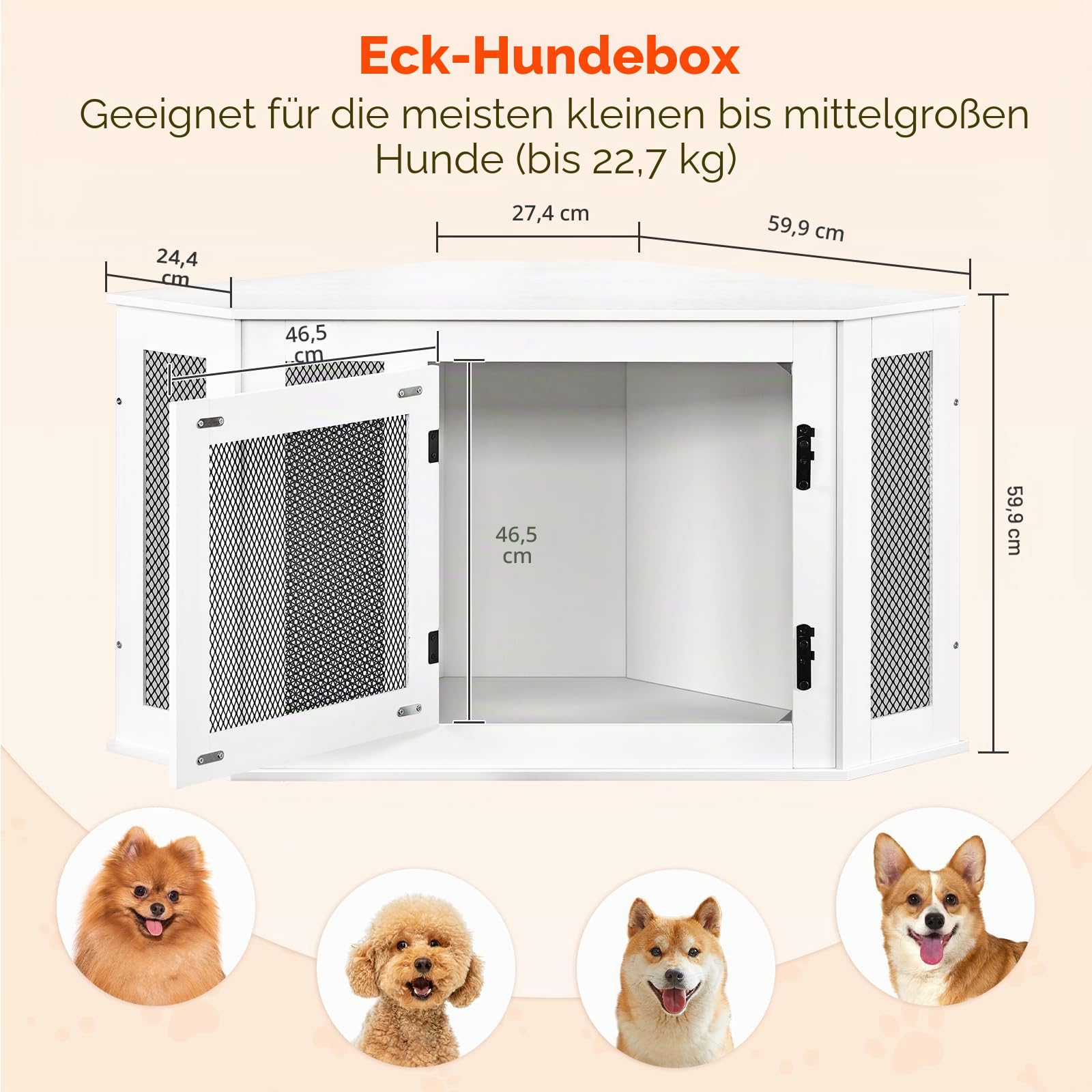 MAHANCRIS Eck Hundekäfig Möbel, Hundebox für Zuhause, im Innenbereich, 113 x 60 x 60 cm, Haustierkäfig für Kleine und Mittelgroße Hunde, Multifunktional, Vintage-Stil, Verwittertes Weiß ADCWT0801
