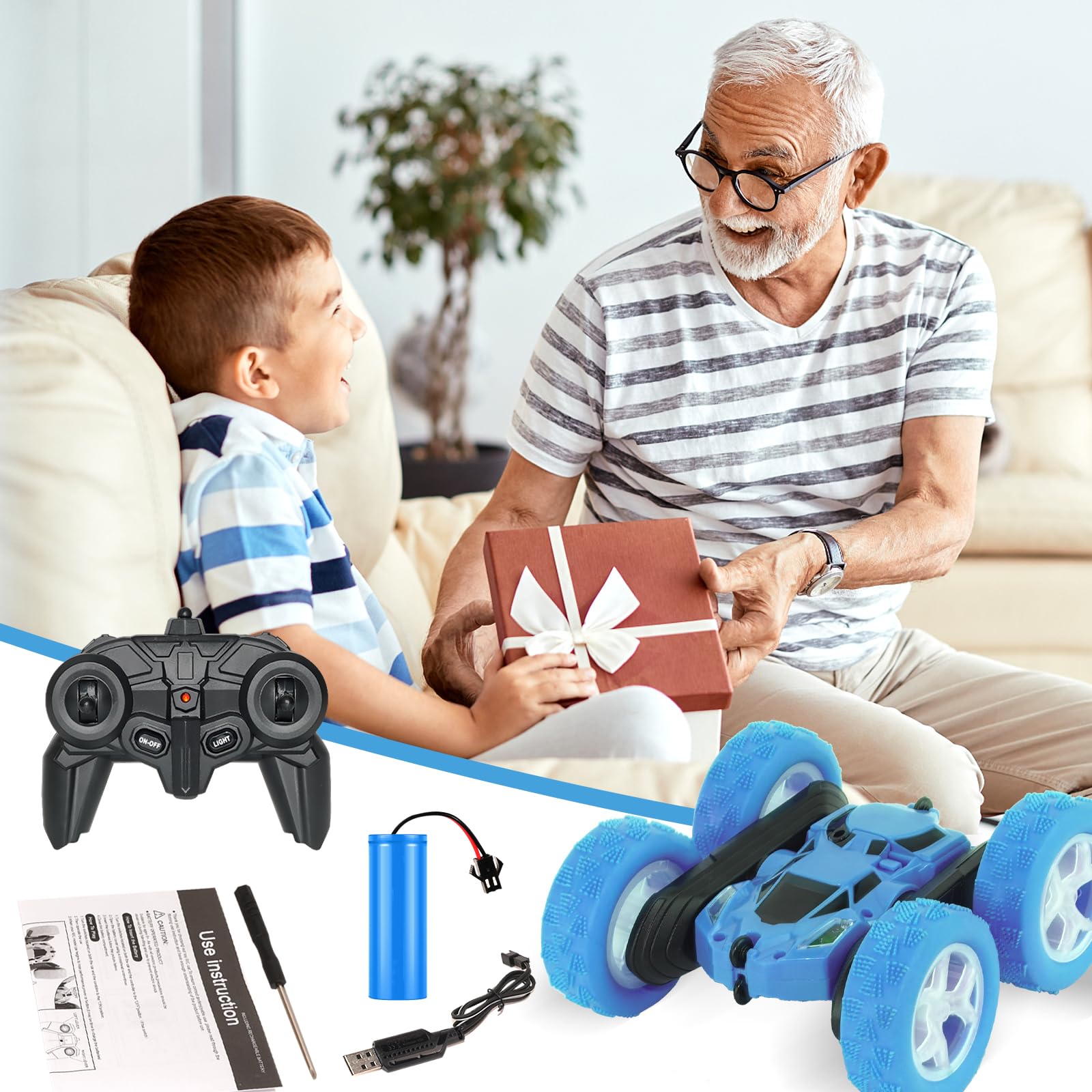 MidiVix Ferngesteuertes Auto, 90 Min Spielzeit, 2.4Ghz Doppelseitig 360° drehbarer RC Crawler mit Scheinwerfern Radlichtern, 4WD Off Road Drift RC Auto Spielzeug Geschenke für Jungen 6-12 Blau