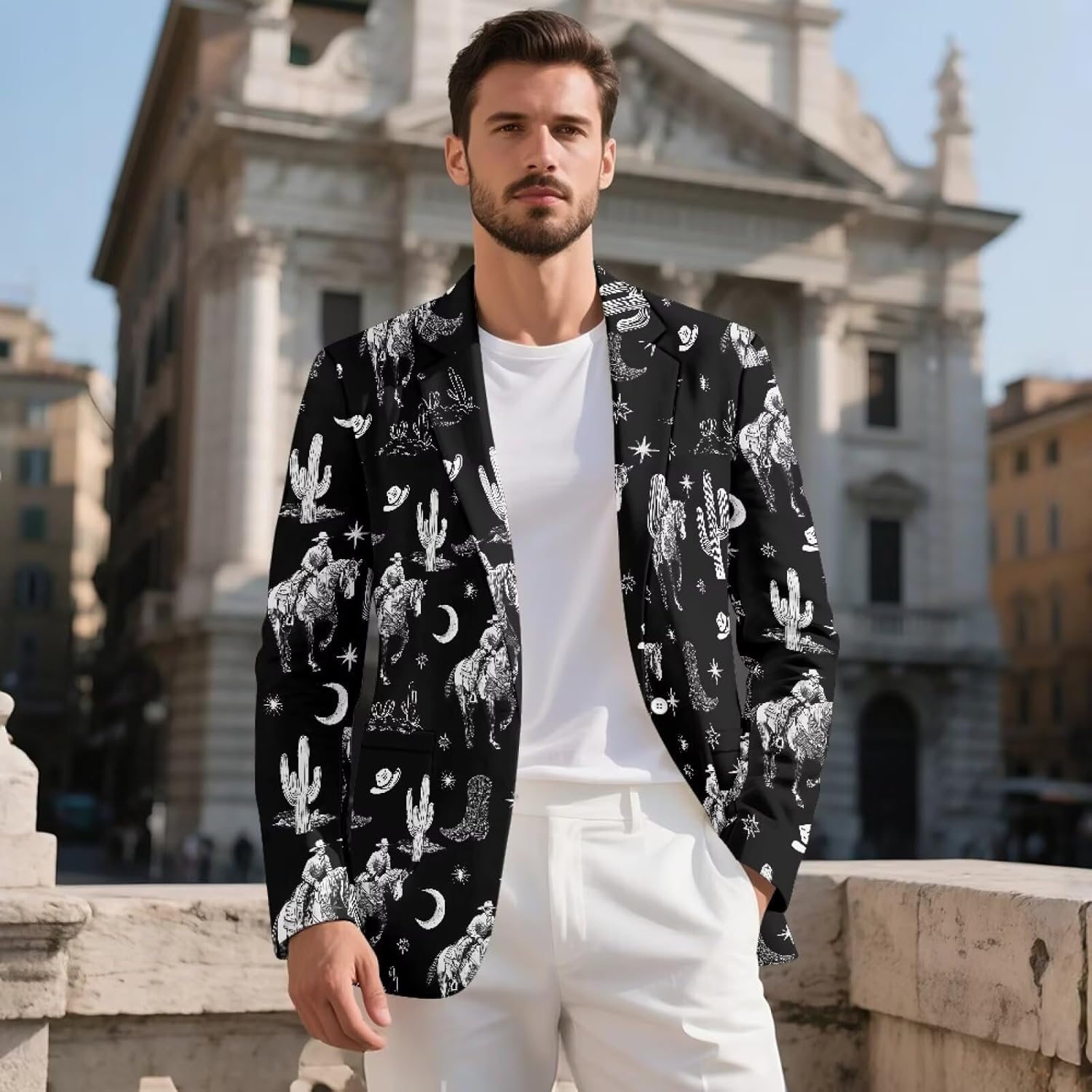 Men's Casual One Button Slim Fit Patterned Blazers Notch Lapel Suits with Front Pockets Travel Formal Sport Jacket