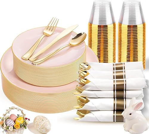 KIRE 175PCS Pink Plates Disposable - Heavy Duty Pink and Gold Plastic Plates Dinnerware Sets - 25 for Dinner 25 for Dessert 25 Pre Rolled Napkins 25Cups for Spring Party/Wedding/Easter/Baby Shower