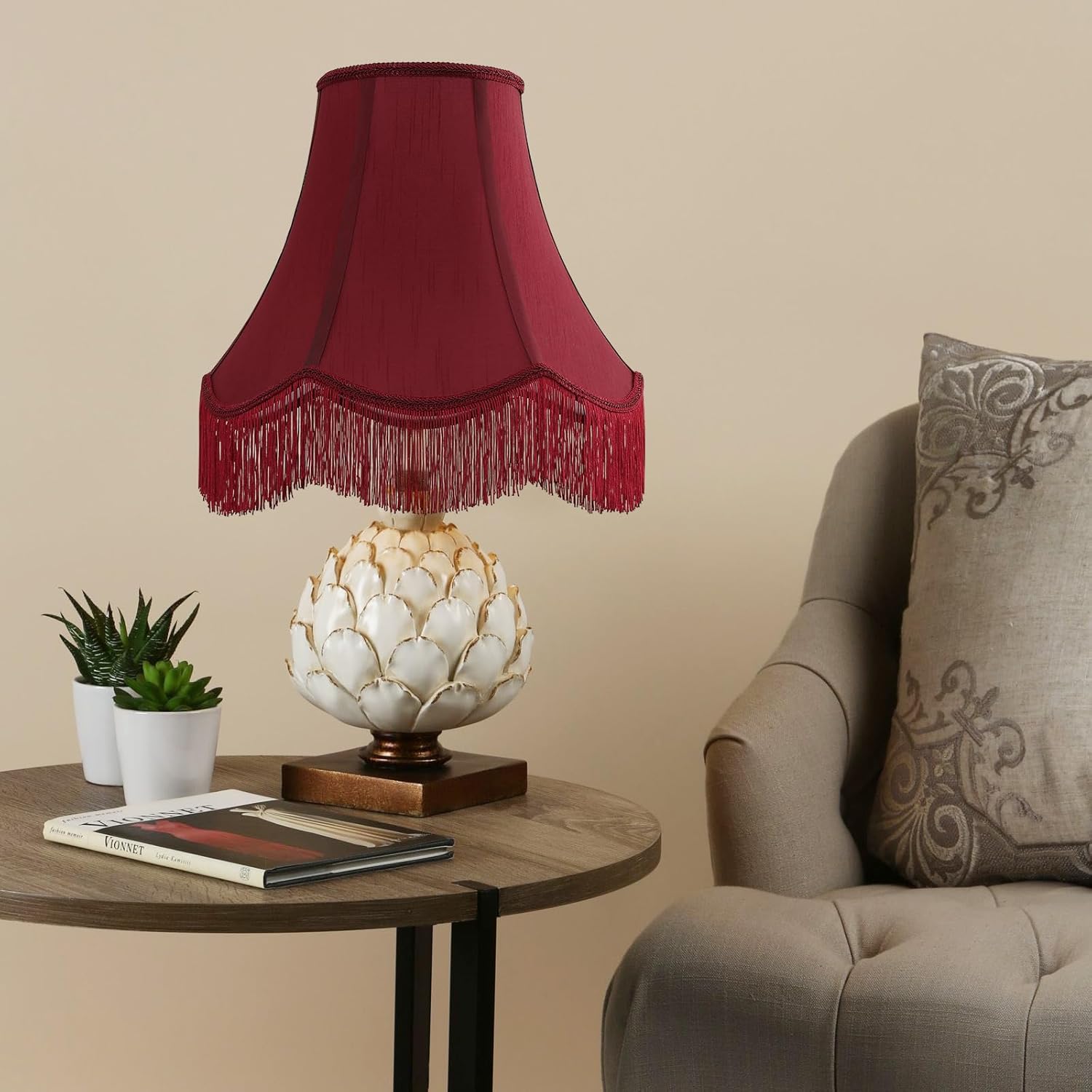 Red Silk Bell Lamp Shades (Set of 2) with Petal Edge & Blue Fringe, 6"x13"x10.6"(Spider) - Victorian Handcrafted, for Desk/Bedside/Table/Floor Lamps, Easy Assembly