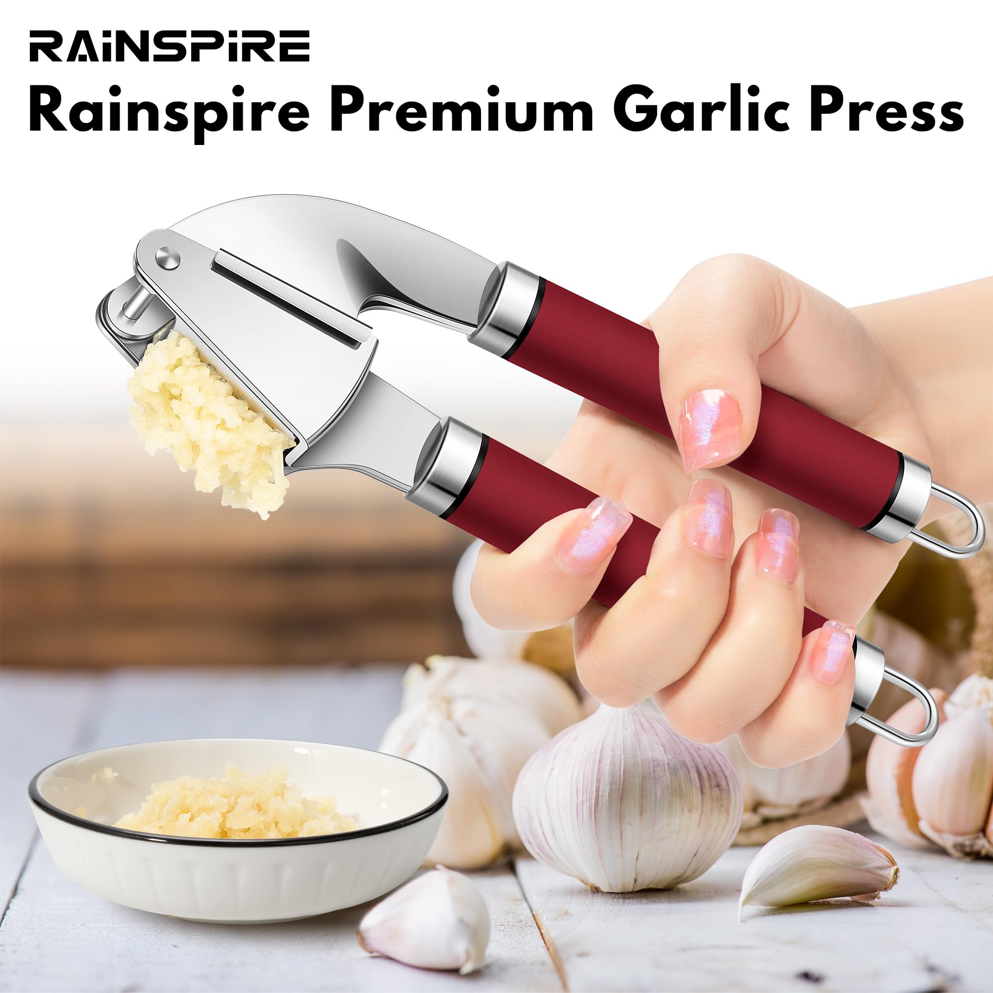 Rainspire Premium Knoblauchpresse Edelstahl, Knoblauchwolf Werkzeug, Knoblauchzerkleinerer Werkzeug, Knoblauchzerkleinerer Knoblauchstampfer Inklusive Silikon Knoblauchschäler & Reinigungsbürste,