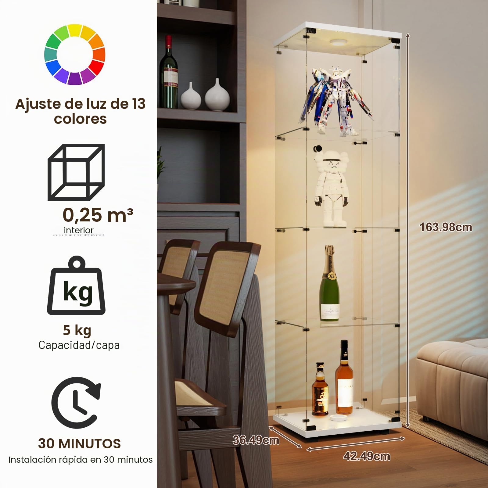 Vitrina de Cristal con LED, Armario para colección con 1 Puerta, 4 estantes, Transparente, gabinete, Vitrina, Cristal, Vitrina, estatuilla, gabinete, Vitrina, salón, Bar (4 Pisos,1 Puerta