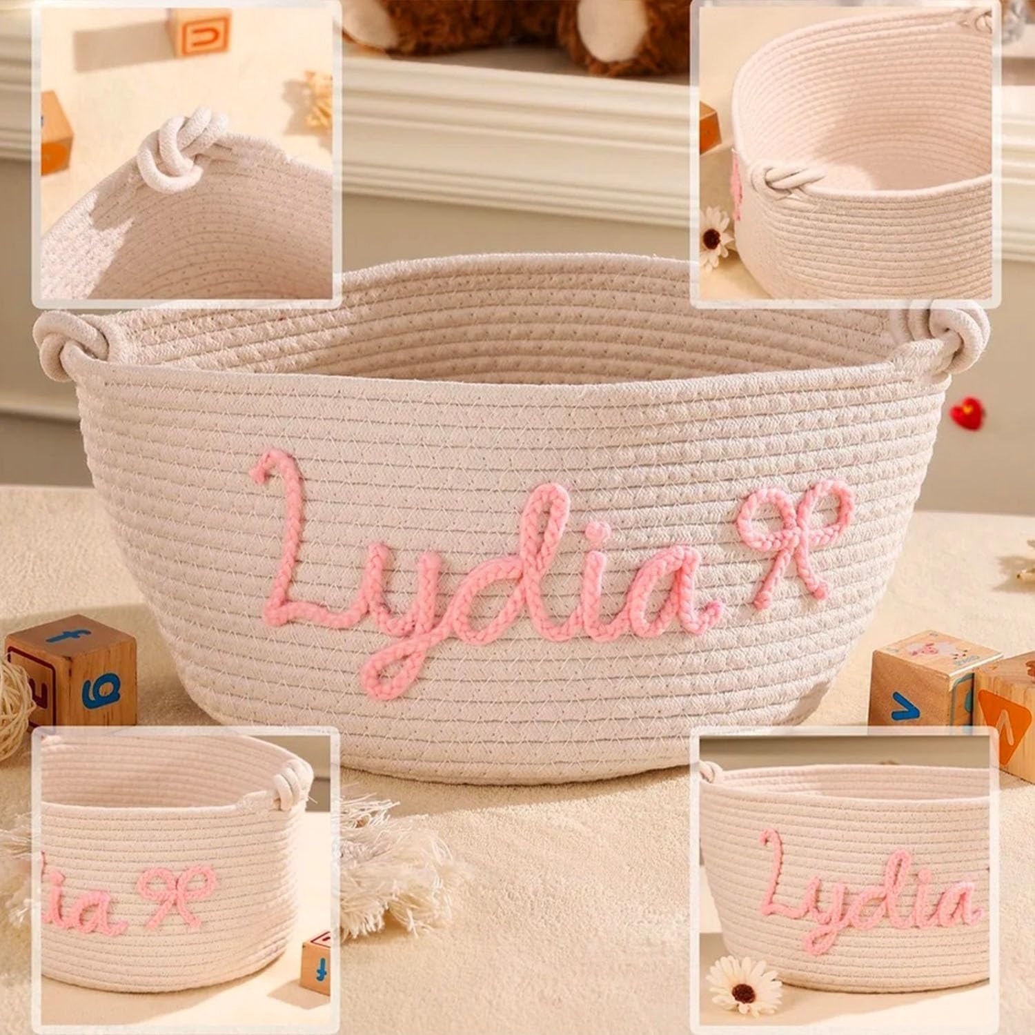Panier Personnalisé Pour Bébé Avec Prénom, Paniers Tissés À La Main En Coton, Organiseur De Jouets Personnalisé Pour Nouveau-né Fille Ou Garçon, Décoration Pour Chambre D'enfant(M:35X13X19CM)
