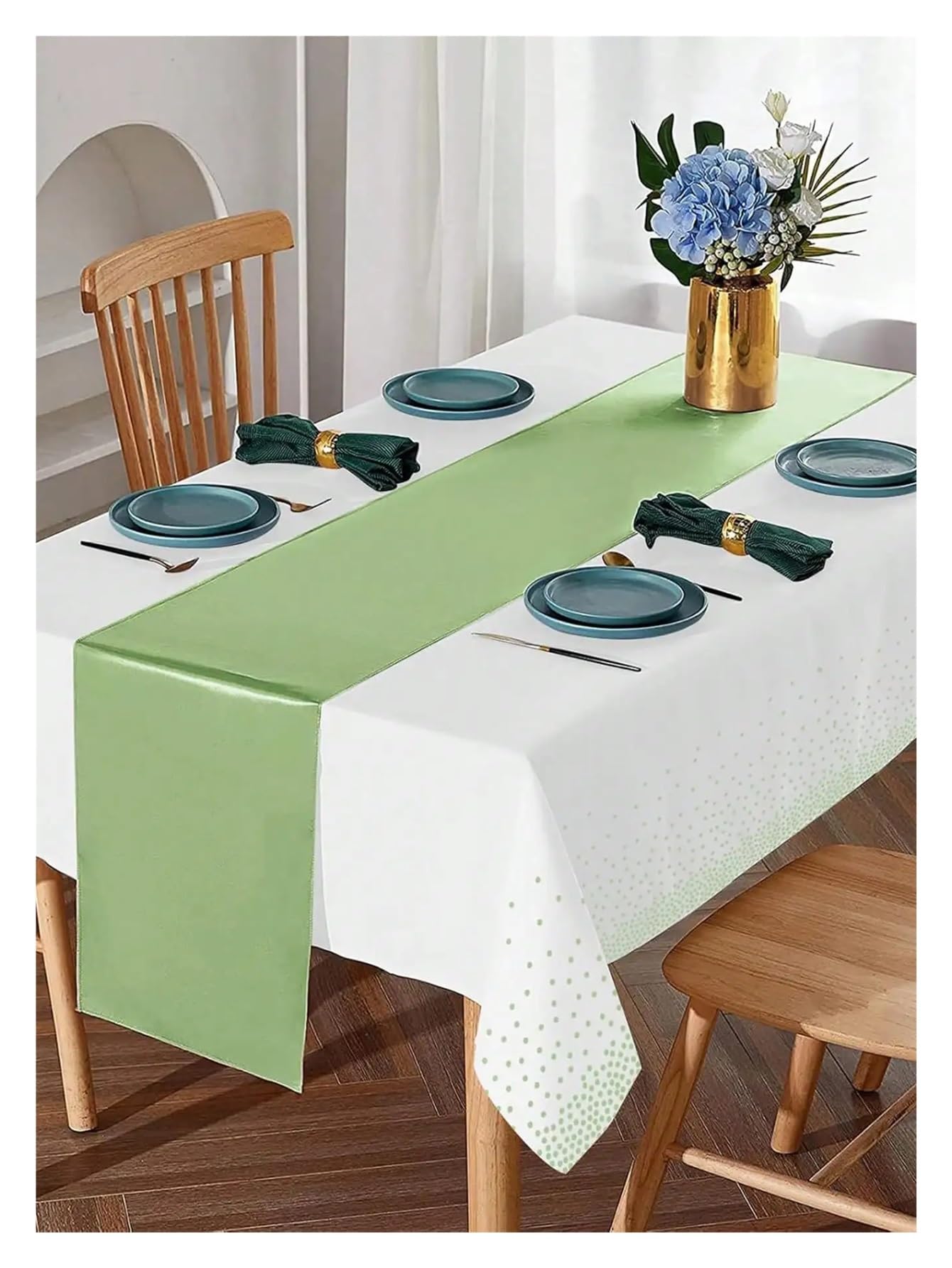 Juego de Camino Mesa con Mantel Lunares Blanco y Gris Verdoso, Ideal for Bodas