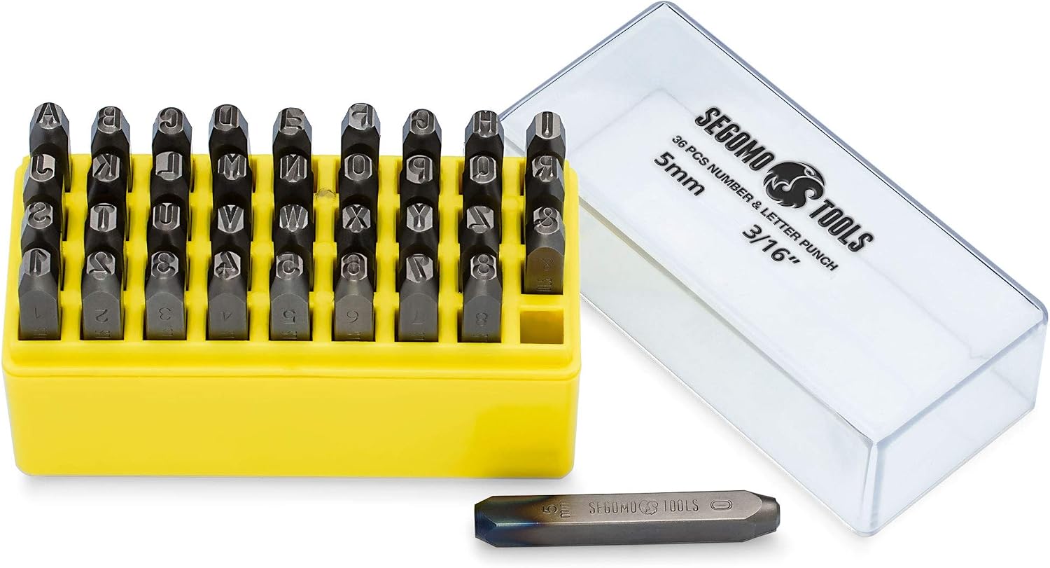 Segomo Tools 3/16 Inch (Letters: A-Z) (Numbers: 0-8) Professional Letter & Number Metal Stamps Set | 36 Piece Metal Punch Set | 5MM Number and Letter Metal Stamp Kit | Metal Stamping - STAMPSET316