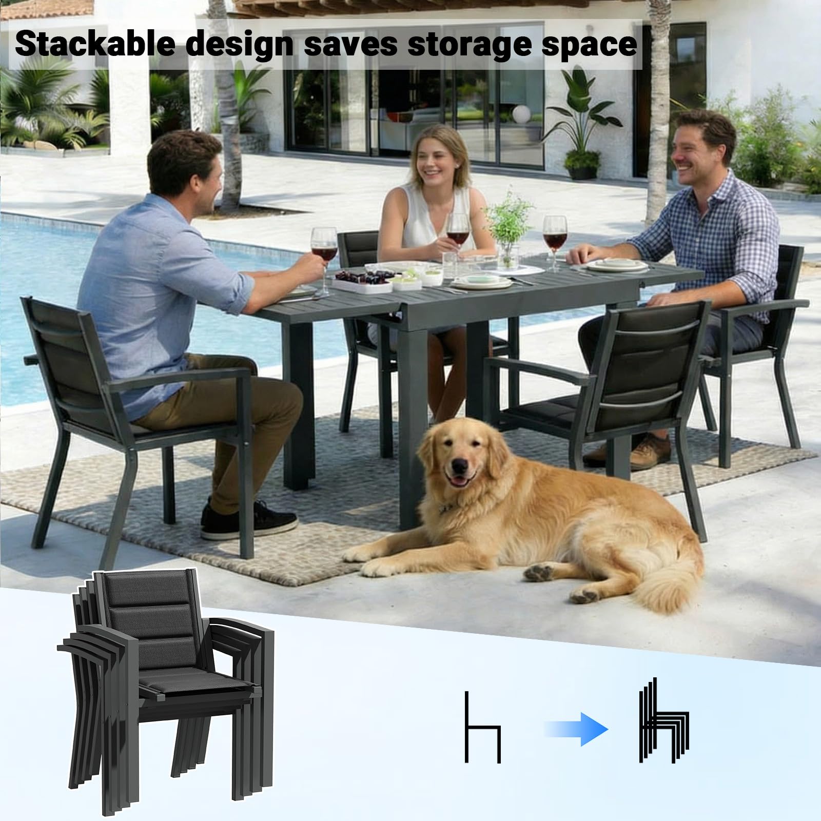 JUMMICO Set Tavolo e Sedie Da Giardino In Alluminio, 6 Sedie Impilabili e Tavolo Allungabile 80-160CM, Set Da Giardino Esterno