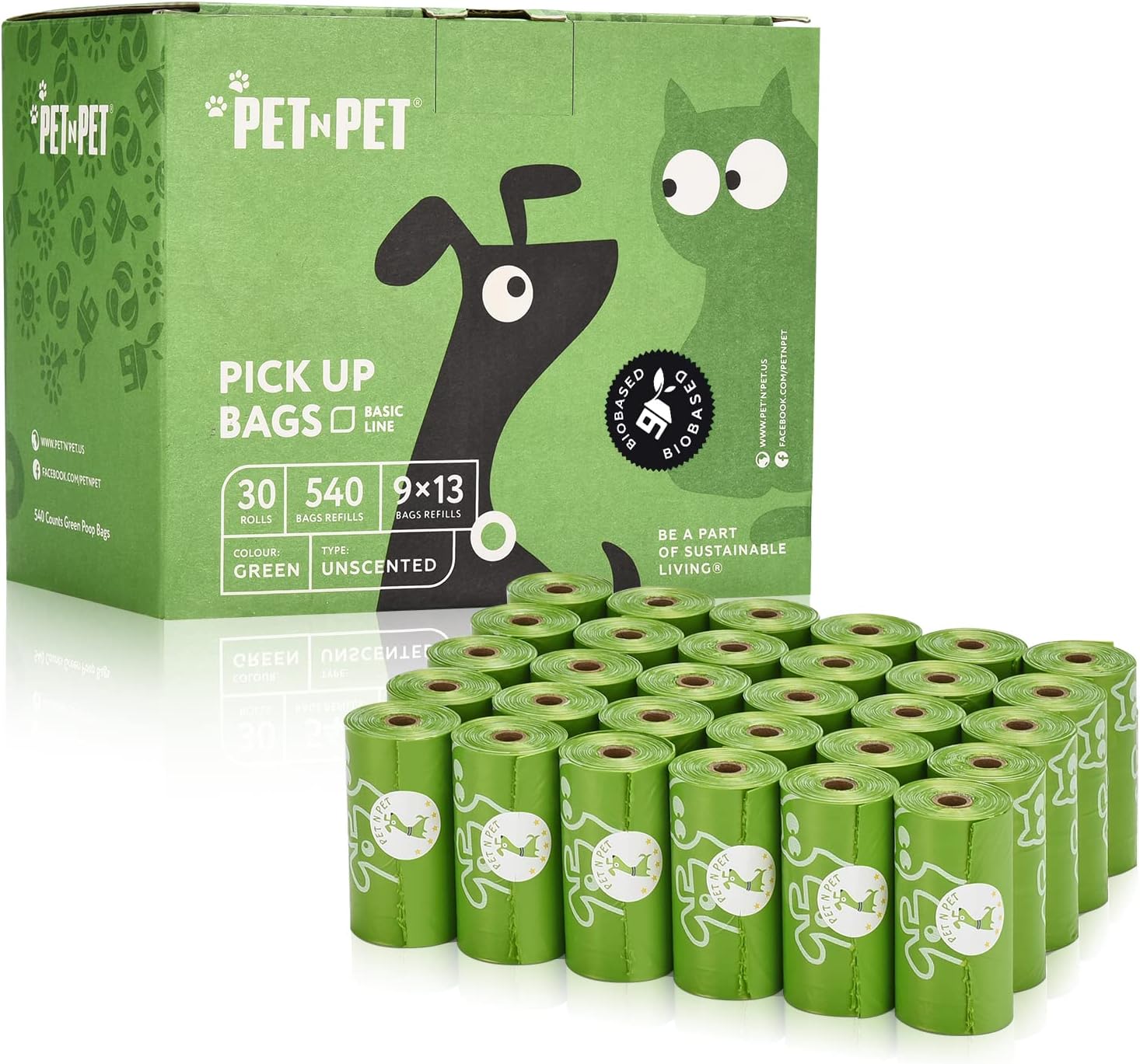 PET N PET Dog Poo Bags, USDA Certified 41% Plant Based, Thick and Leak Proof Dog Waste Bags Rolls, Unscented, 540 Count