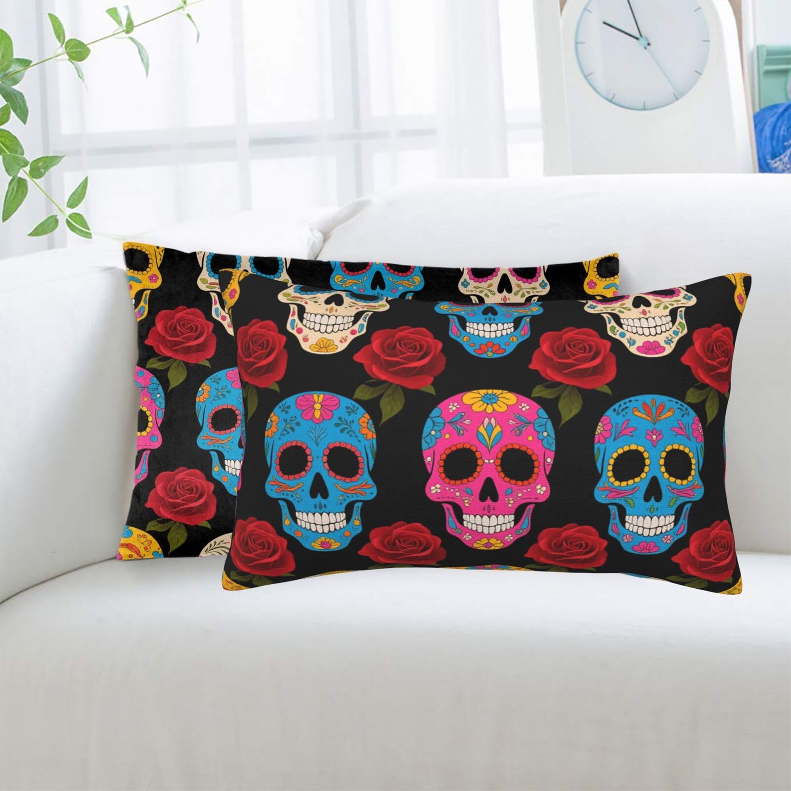 2 Pack Standard Pillowcases Sets, Ultra Soft Comfort Microfiber Plush Pillow Cases Sugar Skulls Decorative Throw Pillow Cover with Hidden Zipper for Bedroom, Sofa, Couch,14"X20"