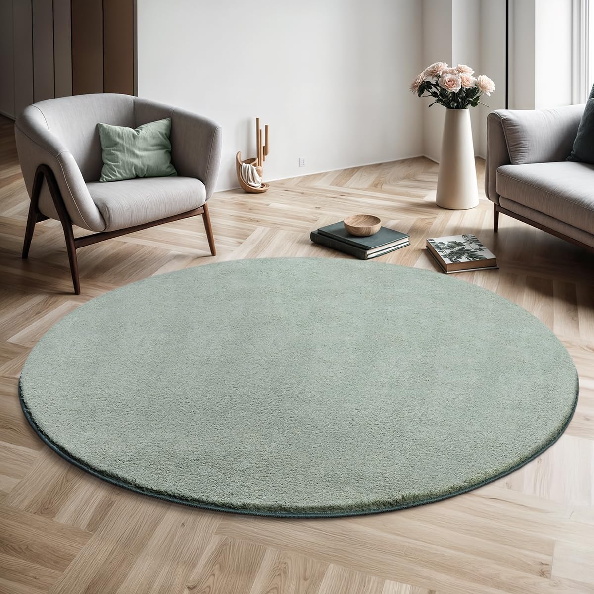the carpet Relax Modern Fluffy Short Pile Rug, Non-Slip Underside, Washable up to 30 °C, Super Soft, Fur Look, Green, 120 x 120 cm, Round — image 1