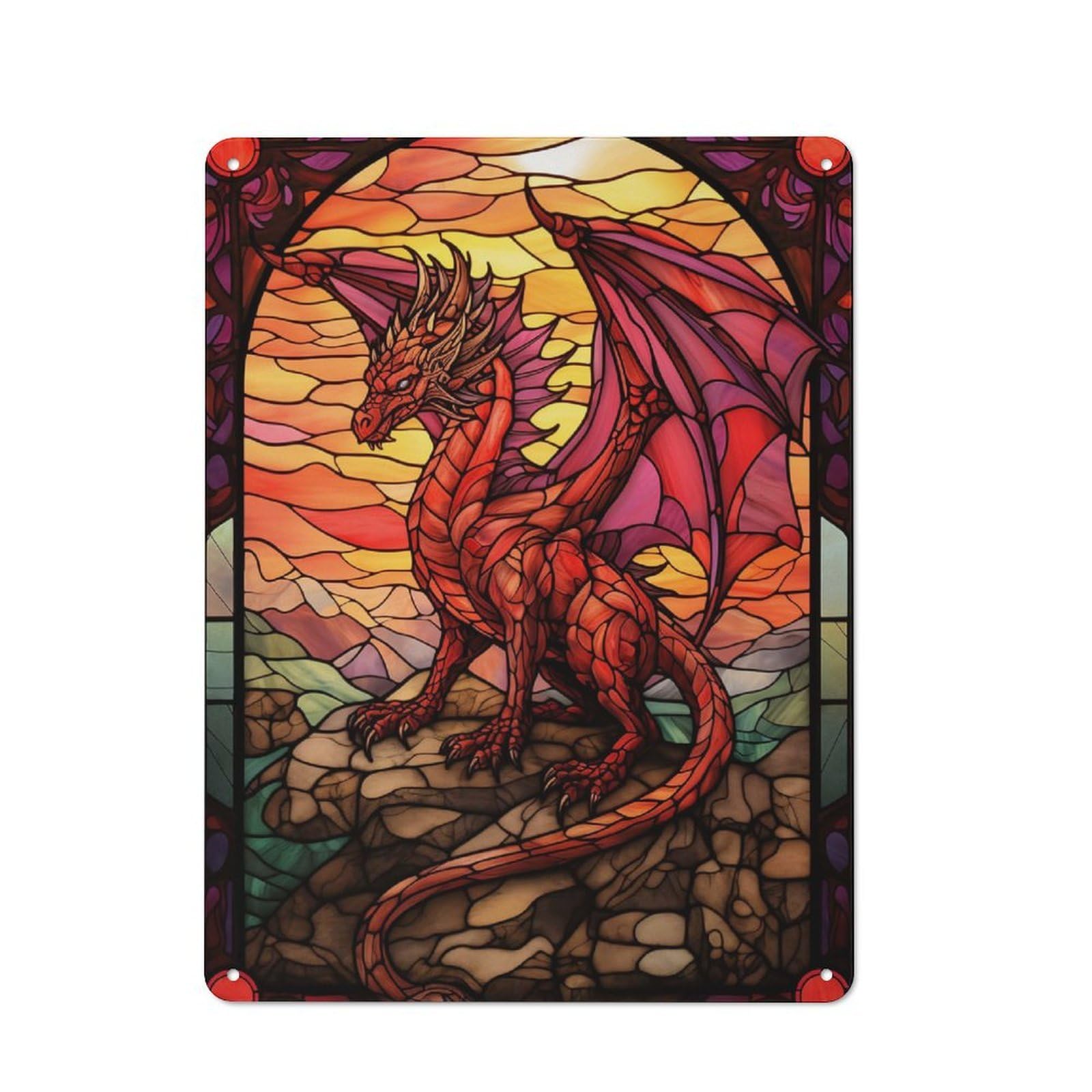 Junmoney Fire Dragon Stained Glass Retro Metal Plaque 40X30cm For Dining Room Or Kitchen, For Kitchen, Dining Room And Home Bar Wall Decor
