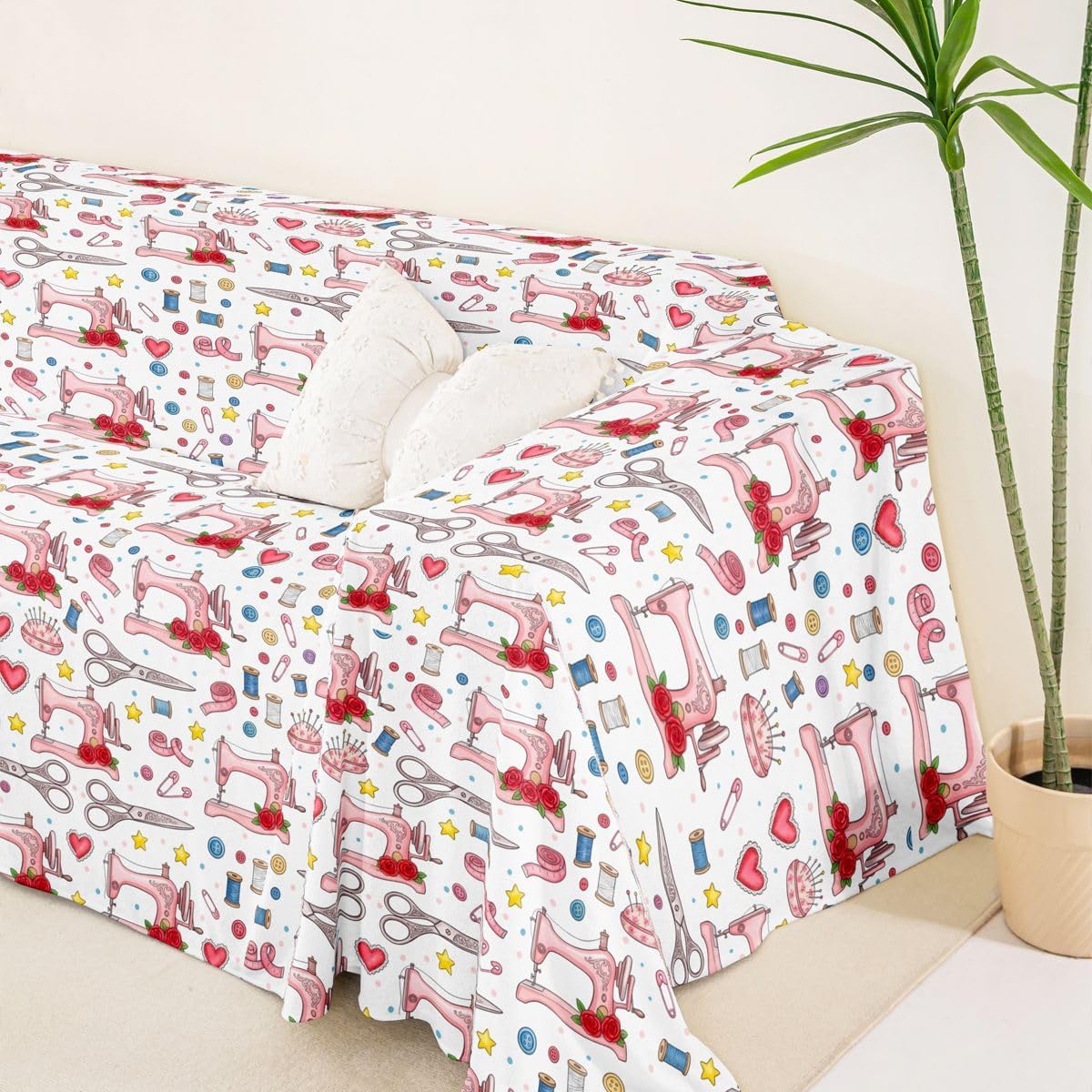 Homewish Pink Sewing Machine Sofa Cover Cartoon Sewing Tools Decor Couch Cover Pets Friendly Red Rose Heart Romantic Cushion Furniture Protector Washable 91"x 118" image 5