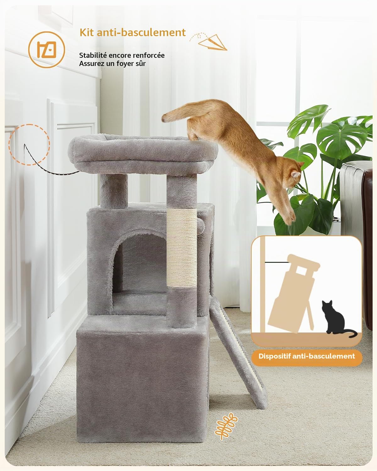 PETEPELA Arbre à Chat, Petit Arbre a Chat avec 2 Condos Douillets, Perchoir Moelleux, Griffoir et Poteaux en sisal & Pompons Suspendus, 77 cm, Gris