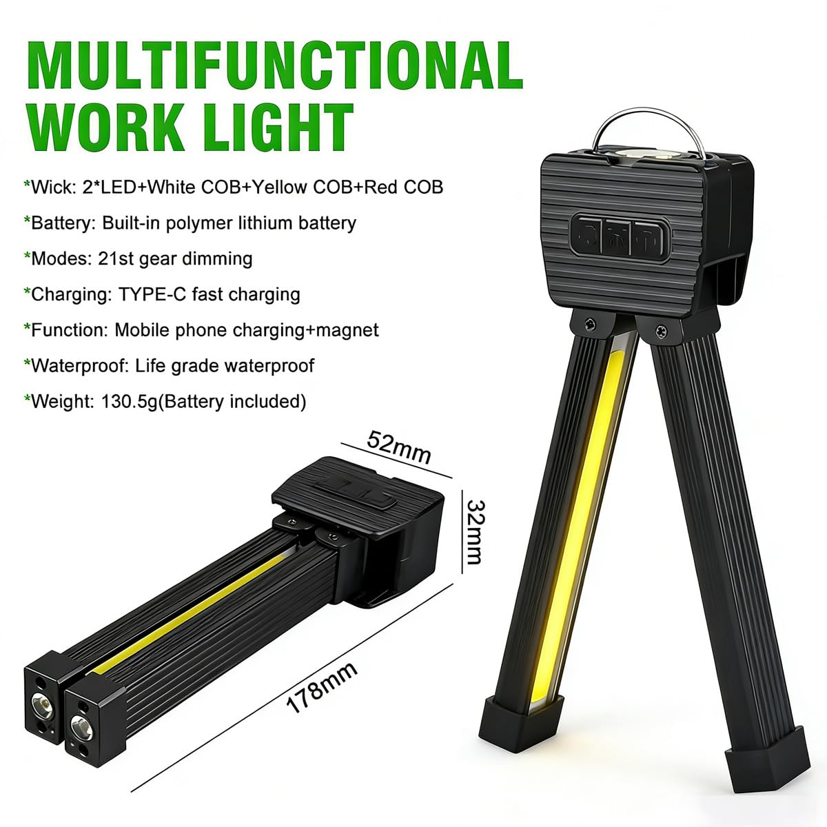BigKing Gym Lamp per Posing, Lampada Magnetica da Palestra, Piegatura a 180 Gradi, Con Ricarica USB, 4 Modalità di Illuminazione, Impermeabile e Dimmer per Palestra, Campeggio, Luce