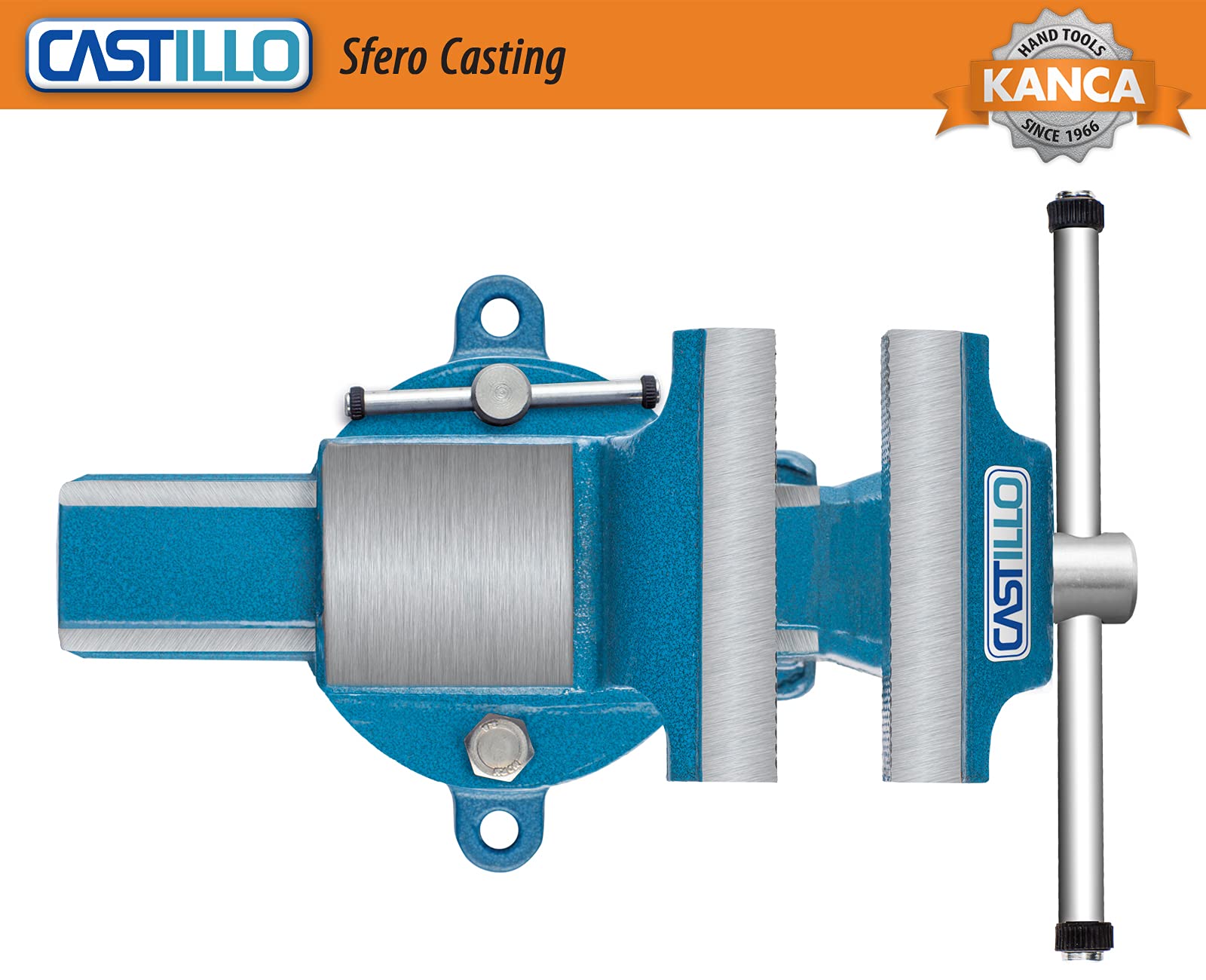 KANCA CASTILLO, CAS-100, imadło stołowe wykonane z żeliwa sferoidalnego 10 cm, szczęki imadła odlewanego 90 000 PSI i kowadło, hartowana podstawa obrotowa obracana o 360, otwór szczękowy 12 cm, dla