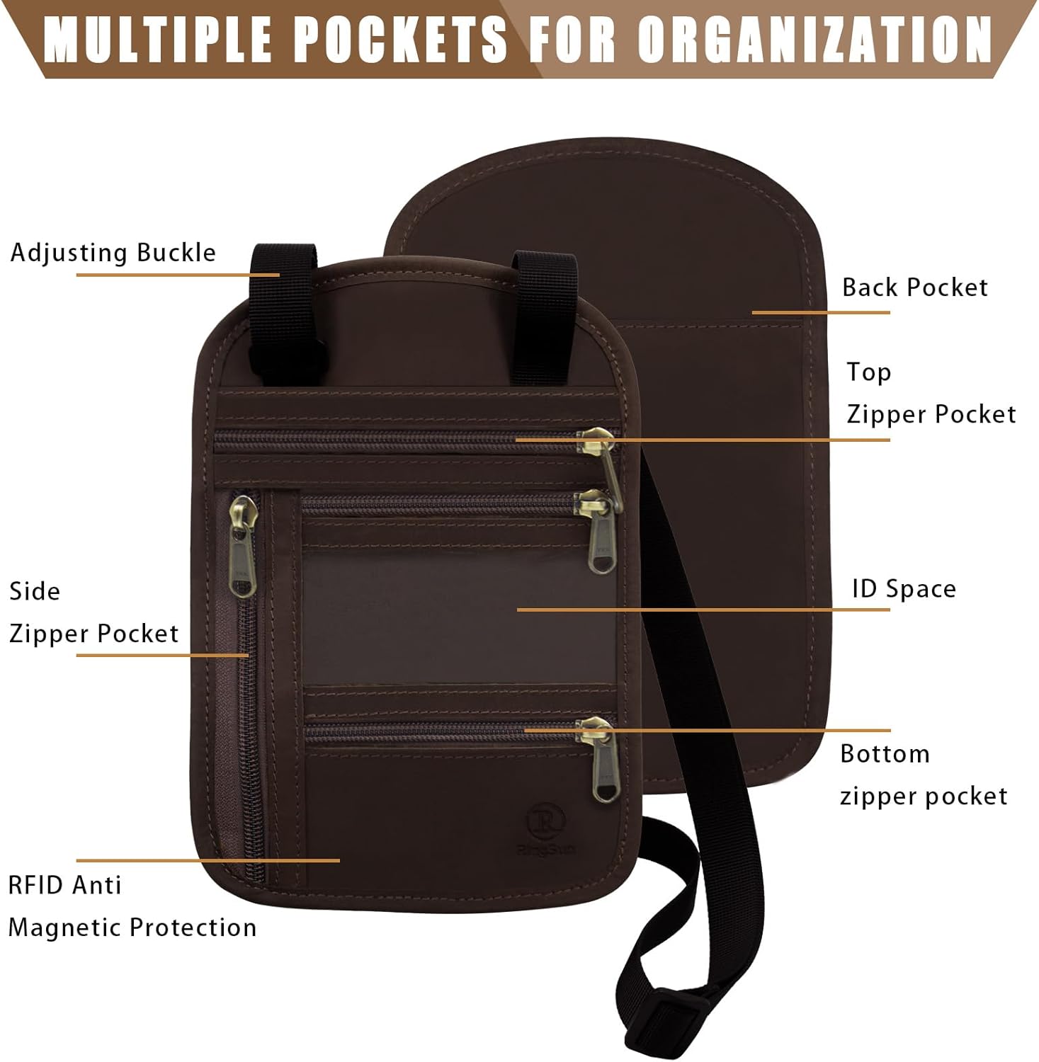 Ringsun Genuine Leather Passport Holder For Travel, RFID Blocking Slim Neck Wallet with Adjustable Strap for Women and Men, Travel Essentials to Keep Cash, Credit Cards and Documents Safe, Red Brown - Image 3