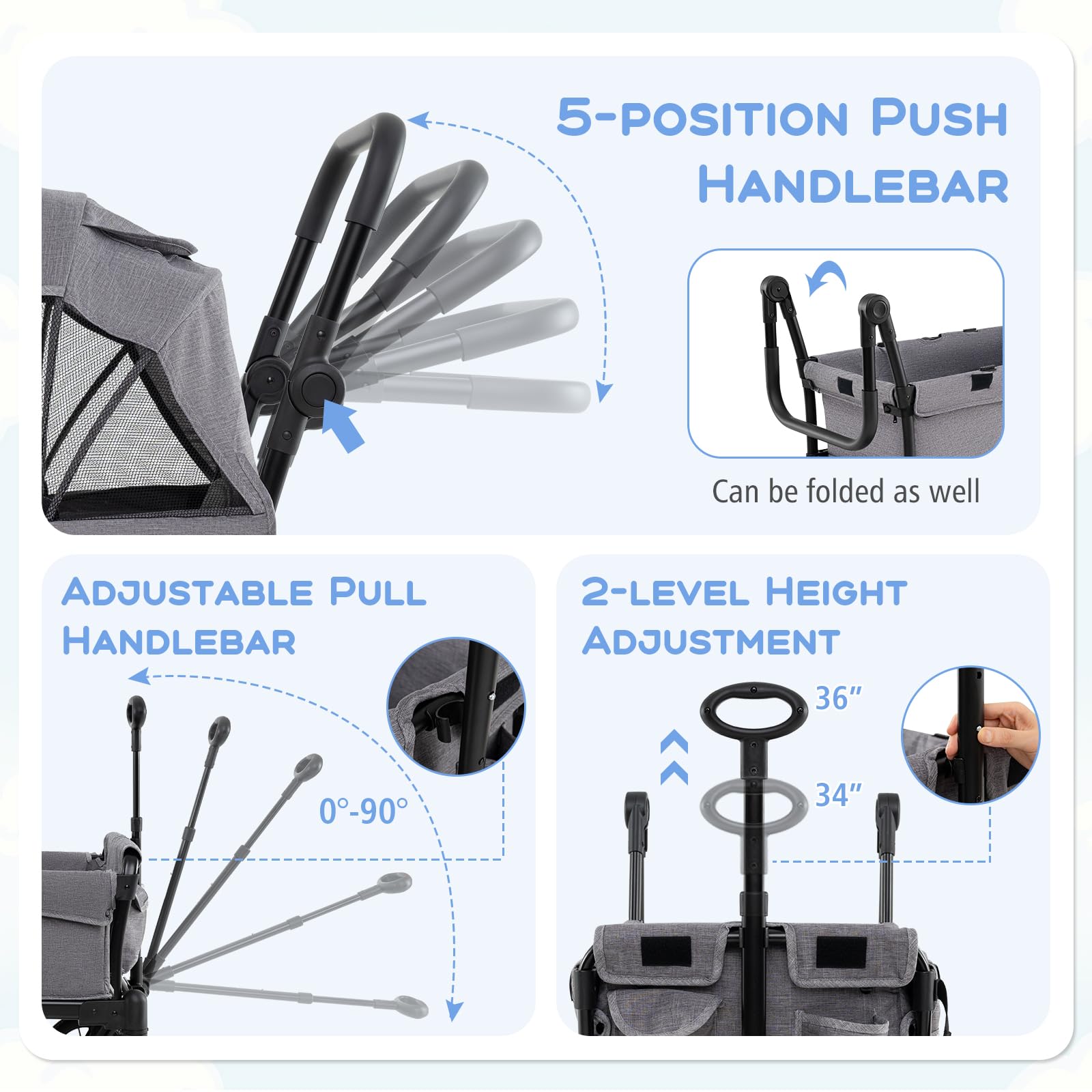 HONEY JOY Wagon Stroller for 2 Kids, 2 Seater Toddler Quad Stroller Wagon, Adjustable Push/Pull Handle Bar, Drop-Down Footwell & Upholstered Seats, Collapsible Kids Wagon with Canopy(Gray)