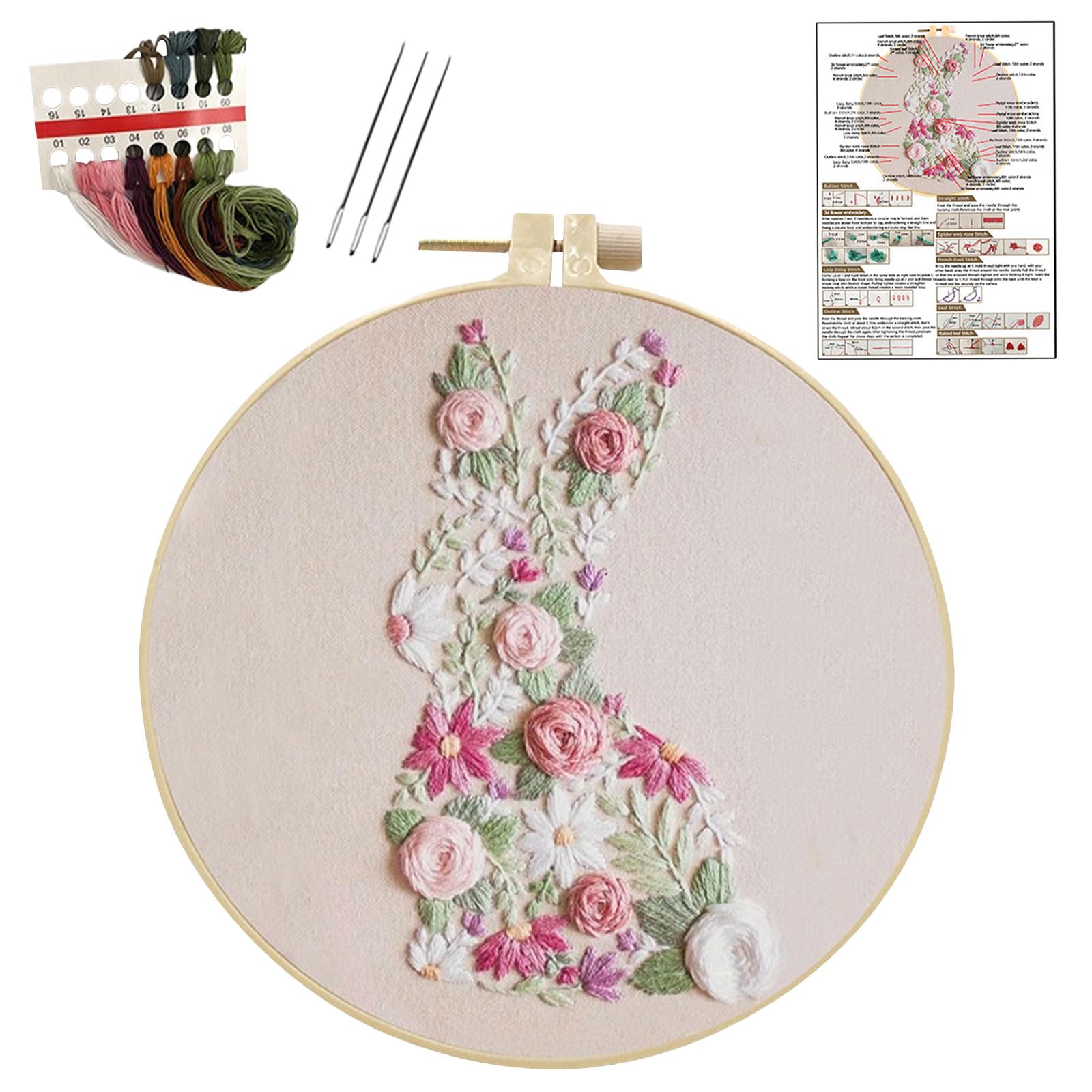 YOUDRN Bunny in Bloom Easter Embroidery Kit for Beginners, Embroidery Kits for Adults,DIY Hand Bunny Embroidery Easter Cross Stitch Starter Set with