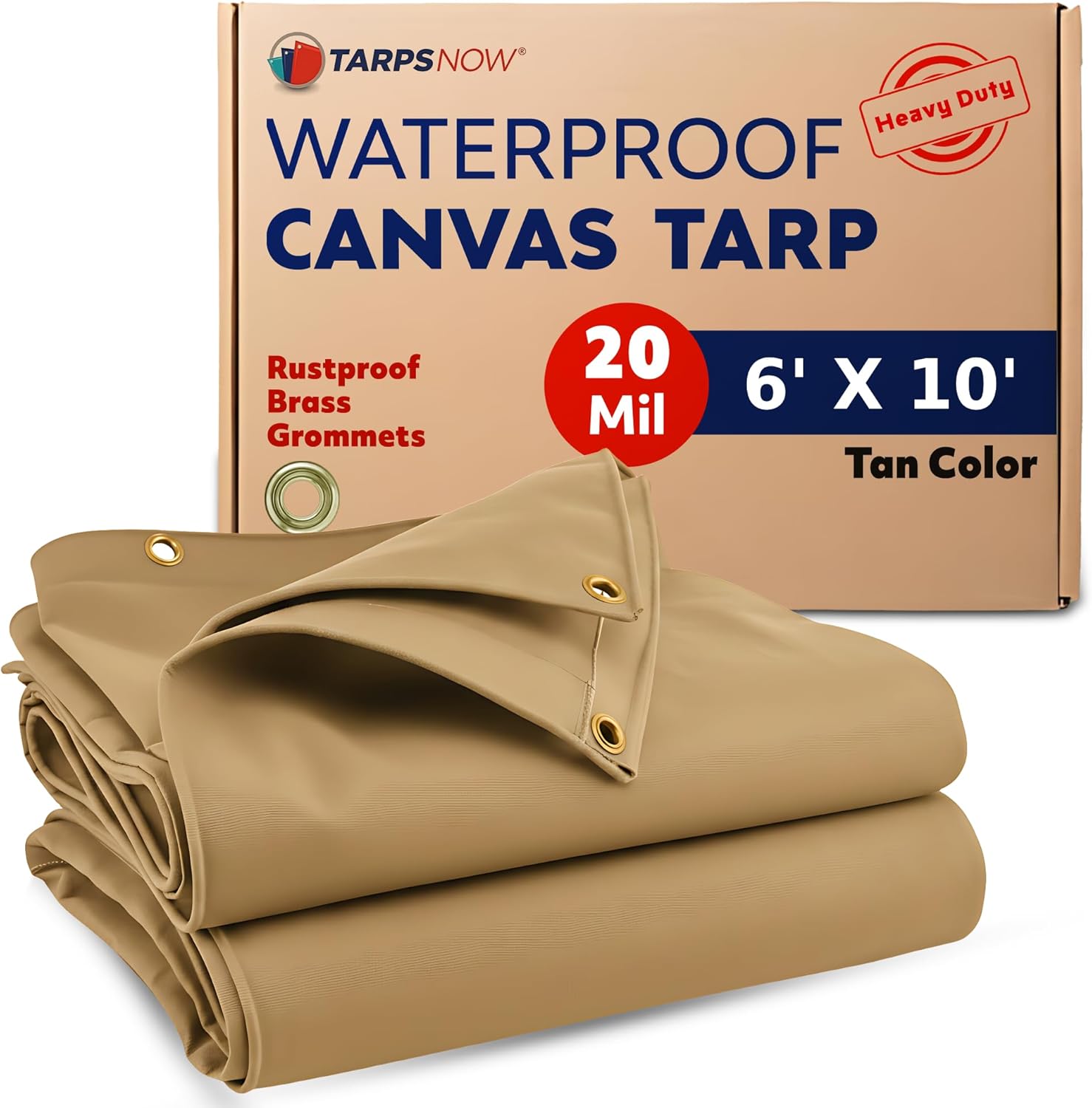 Tarps Now 6x10 Feet Waterproof Canvas Tarp|20 MIL Commercial Grade, Heavy Duty, Tear-Resistant, Rustproof Brass Grommets, Reinforced Edges| Ideal for Construction, Trucking, Manufacturing –Tan Color