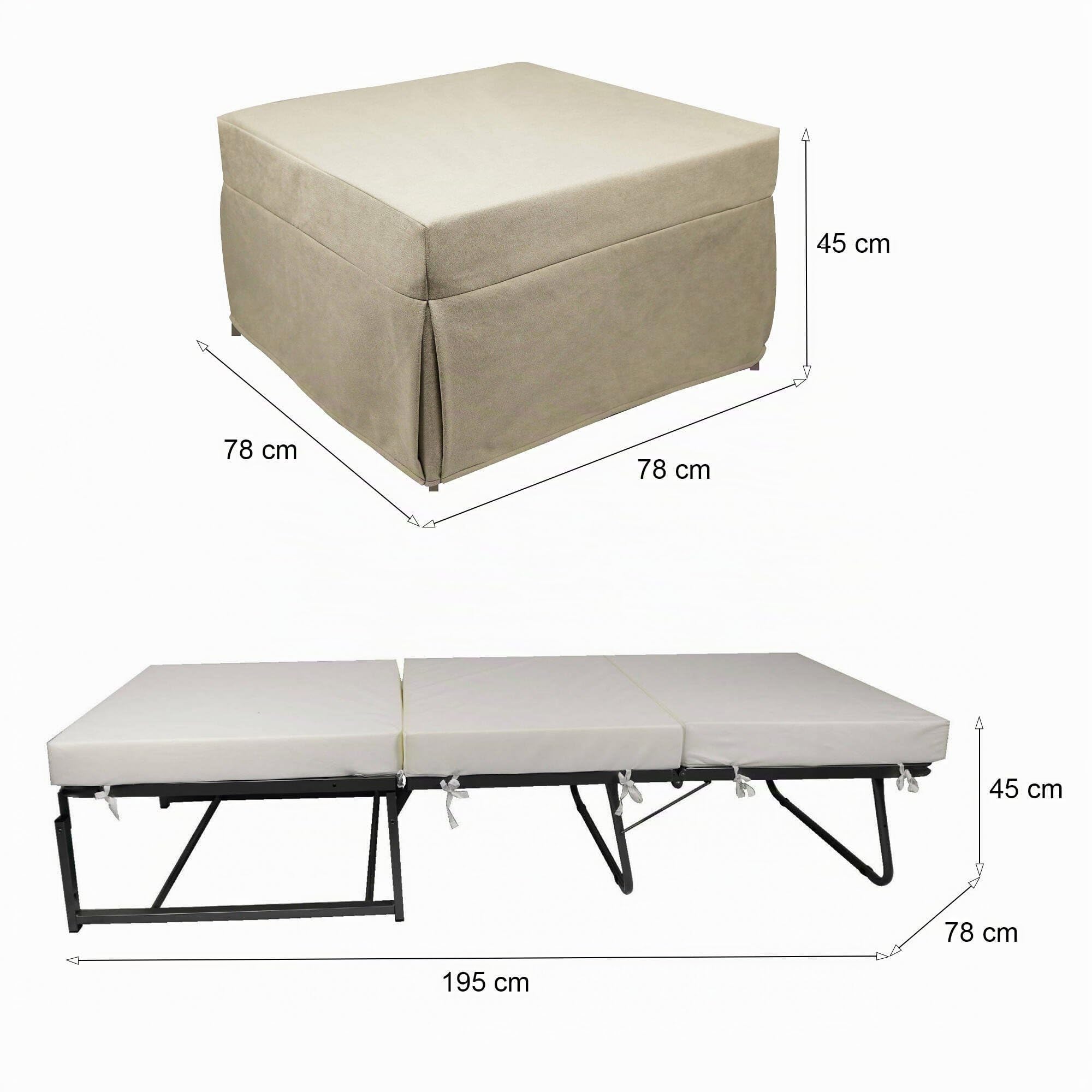 Dmora Puof convertible en lit simple, Fabriqué en Italie, Lit pliant, Pouf avec tissu amovible et peu encombrant pour le salon, cm 78x78 / 195h45, Beige