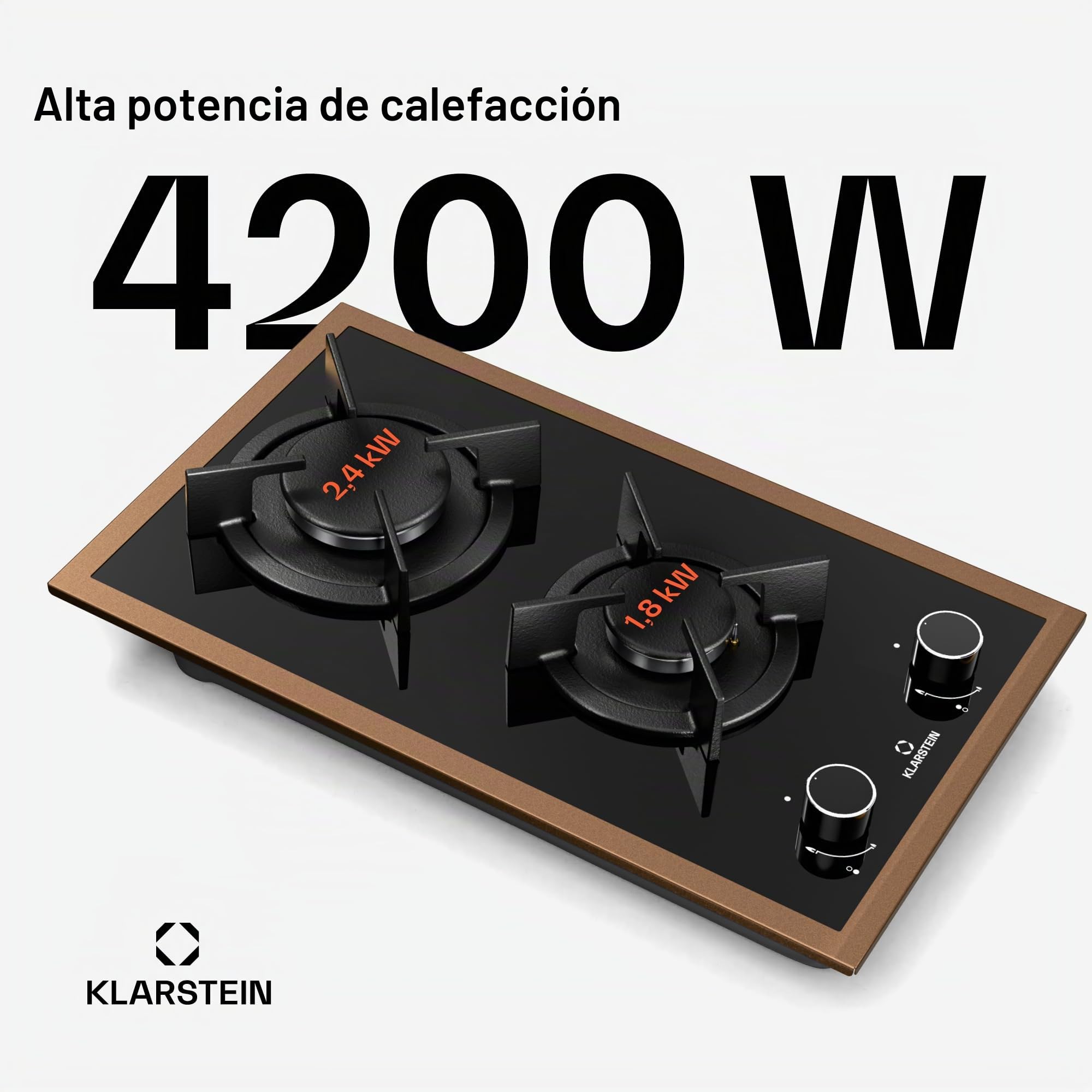 Klarstein Lumiflame Placa de Gas, 2 Quemadores, 4,2kW, Superficie de Cristal Templado, Encendido Eléctrico, Seguridad FFD, Marco de Cobre, Soportes de Hierro Fundido, Compatible con GLP/Gas Natural
