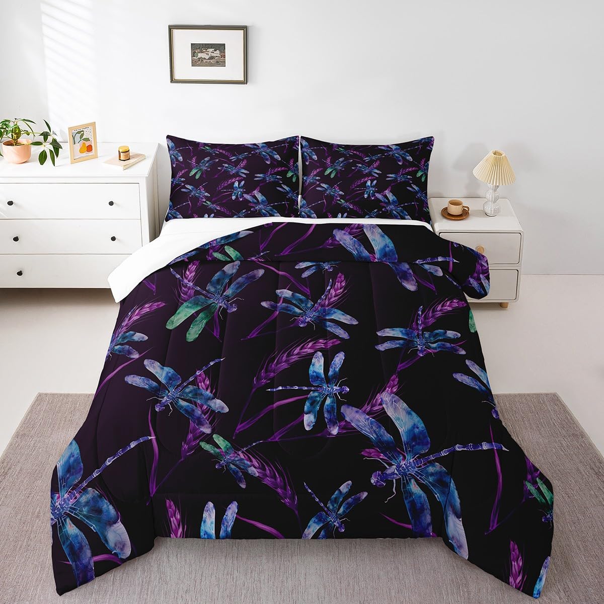 Manfei Watercolor Wild Animal Theme Bedding Set for Boys Girls,Purple Lavender Flower Plant All Season Cozy Comforter Set Full Size,Dragonfly Duvet