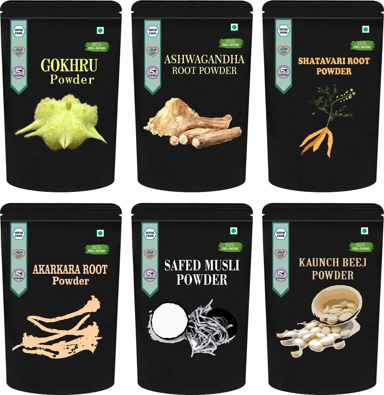 VK Pack Of 6 Akarkara, Gokhru, Safed Musli, Kaunch, Ashwagandha and Shatavari Powder (200 GM Each) Combo Pack = 1200 GM