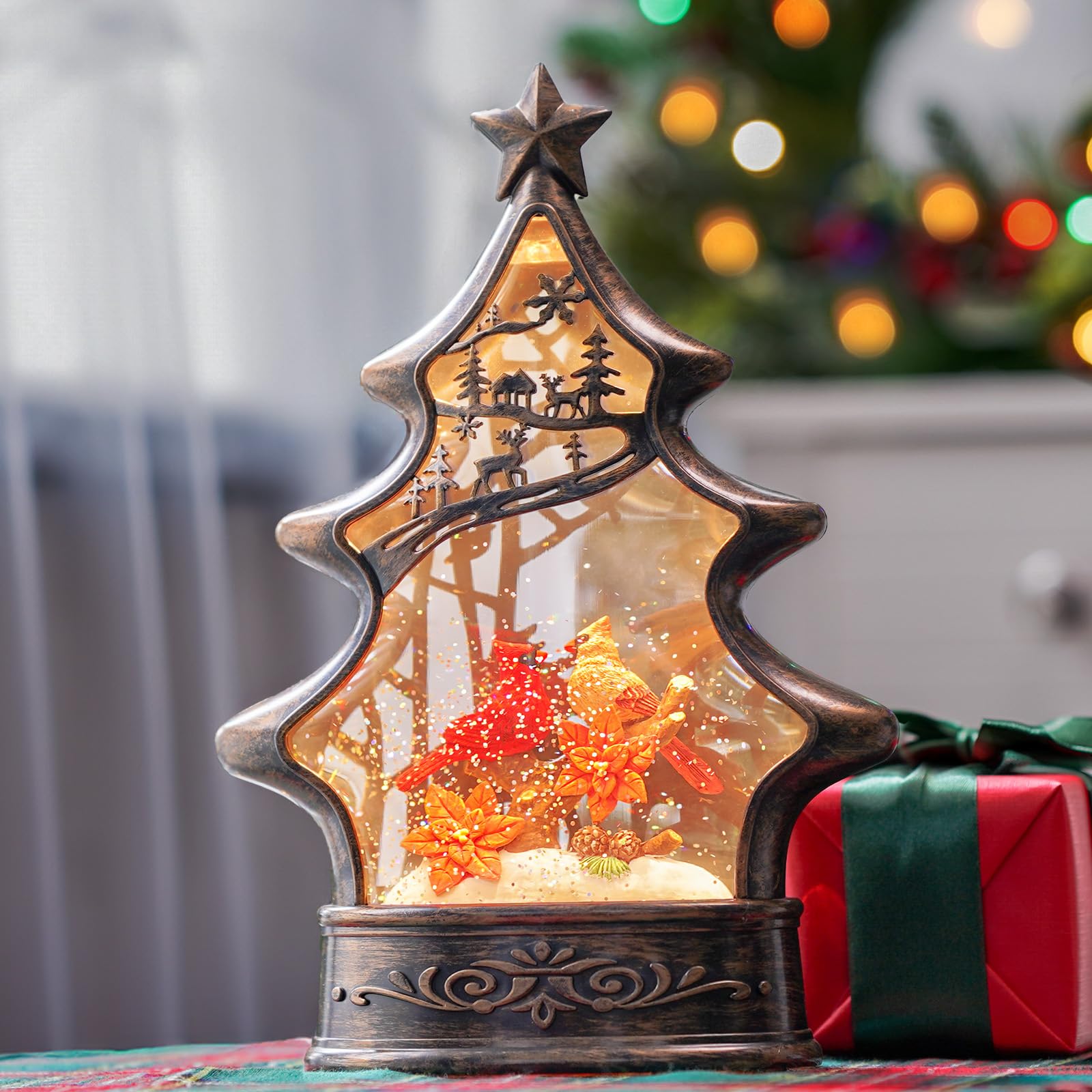 11.2-inch Snow Globe Light & Cardinal Birds,USB/Battery Powered Timed Music Box, Christmas Home Decor Gift