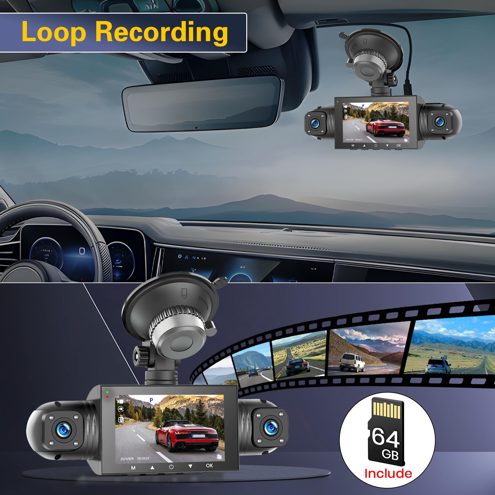 Hikity DVR 1080P Kamera samochodowa dla radia Android, wodoodporna, mini 3-calowa kamera samochodowa, rejestrator, noktowizja, nagrywanie pętlowe z G-sensorem, szeroki kąt 360°, z kartą TF 64GB