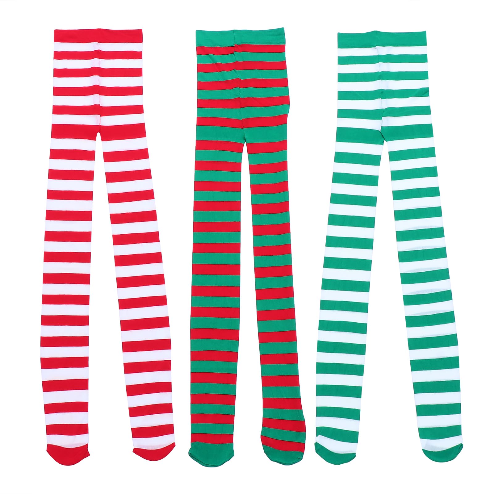Pack De 3 Medias Navideñas De Rayas Rojas, Verdes Y Blancas | Polainas Altas De Poliéster Para Mujer | Calcetines De Elfo O Papá Noel Para Fiestas Y Disfraces De Invierno