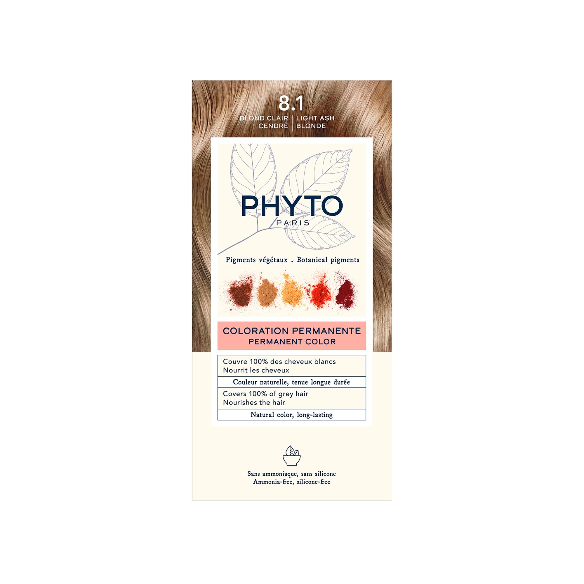 Phytocolor Permanent Natural Hair Color 8.1 Light Ash Blonde with Botanical Pigments, 100% Grey Hair Coverage, Ammonia-free, PPD-free, Silicone-free