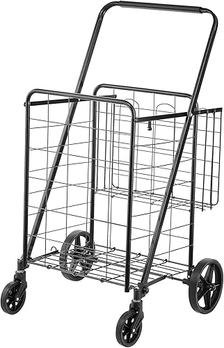 Miniatura 9 de VEVOR Carrito de compras plegable, carrito de comestibles jumbo con cestas dobles, ruedas giratorias de 360, carrito utilitario resistente, carrito