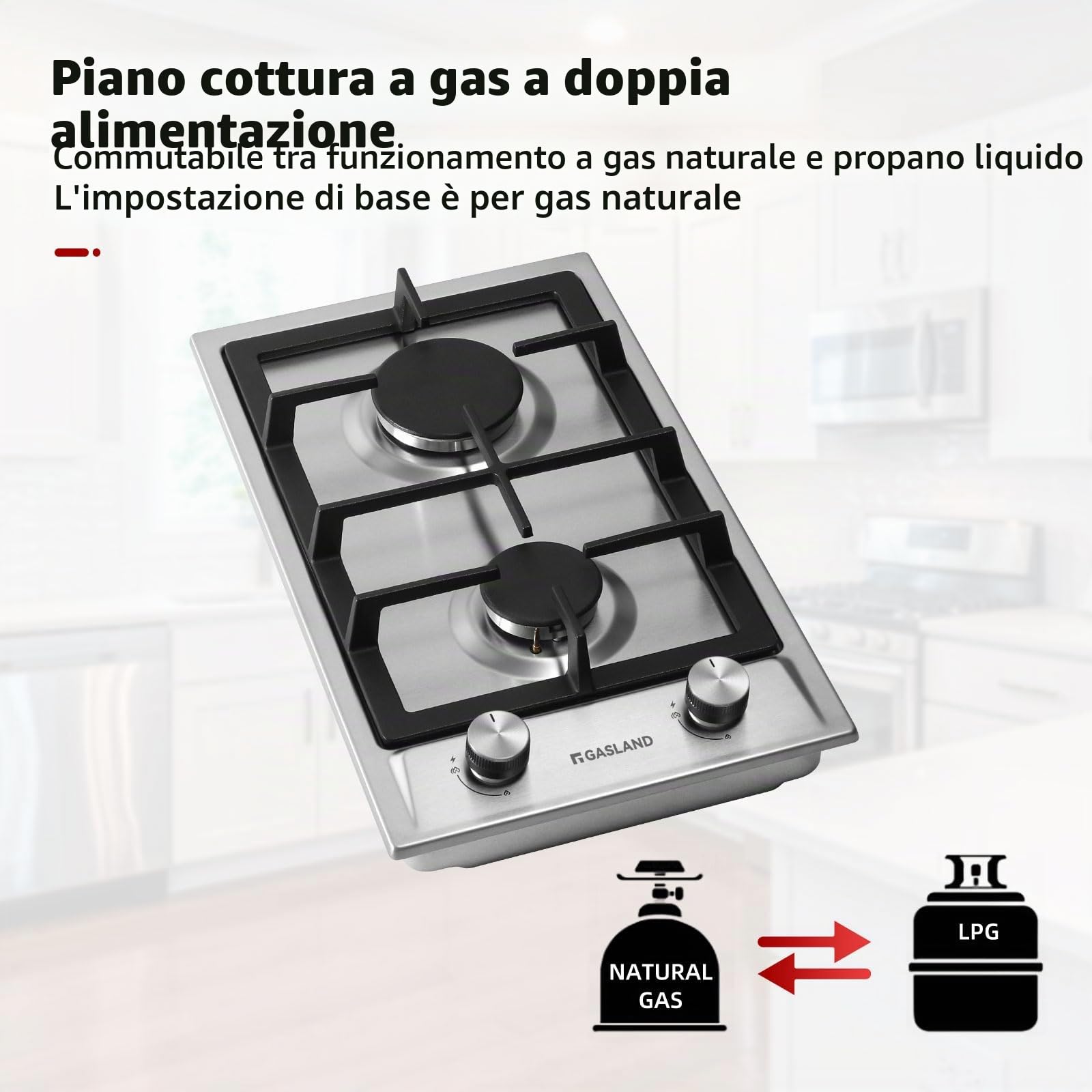 GASLAND GH30SF piano cottura a gas da incasso in acciaio inossidabile, 2 fuochi, 30 cm piano cottura a gas autonomo da incasso, fornello a gas butano da 4200 watt, GPL/gas naturale