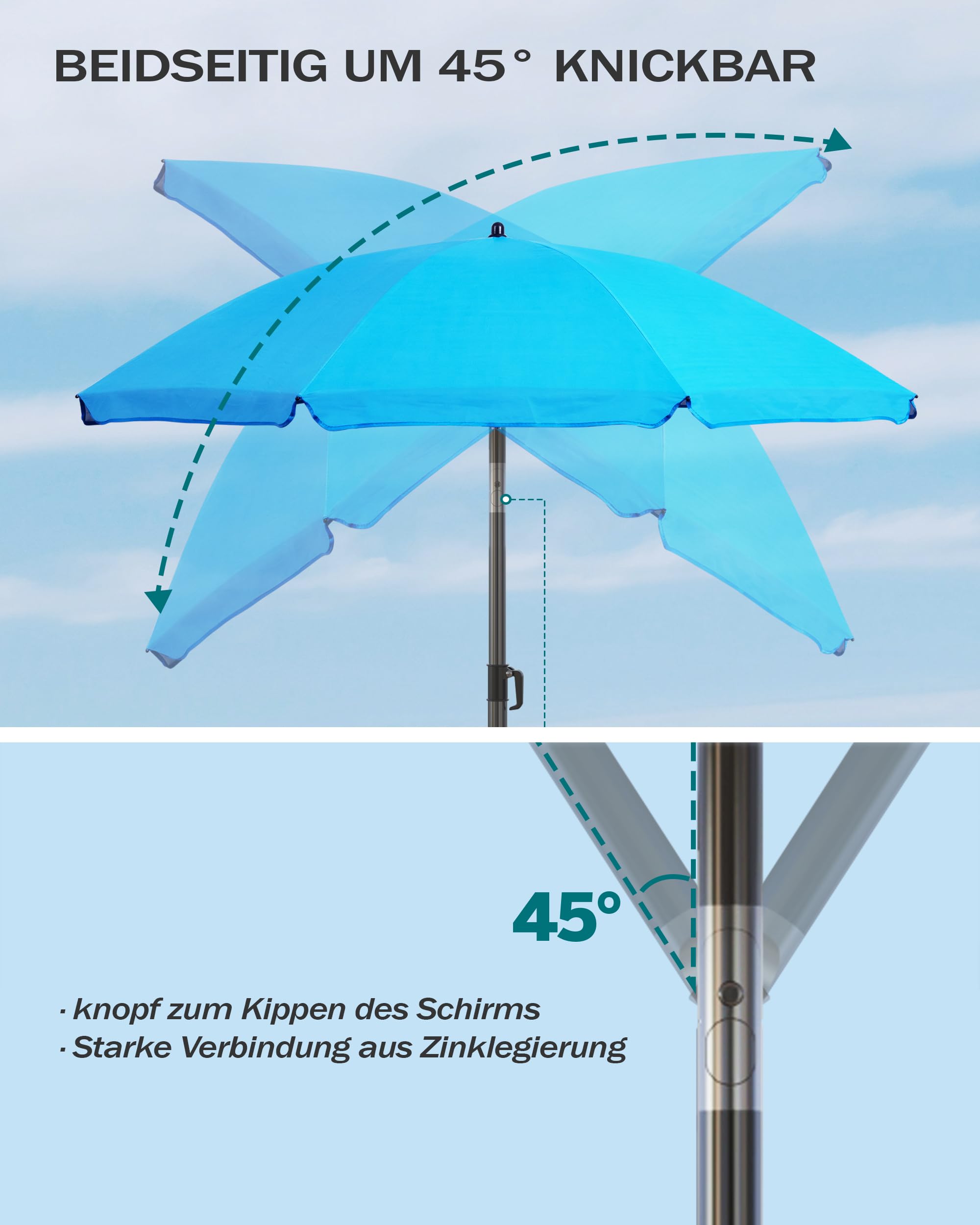 Menz Sonnenschirm Strand 180 cm + Sonnenschirmhülle - UV50+ Strandschirm, Balkonschirm mit Knickfunktion, Gartenschirm, Sonnenschirm Balkon - Fb. Blau